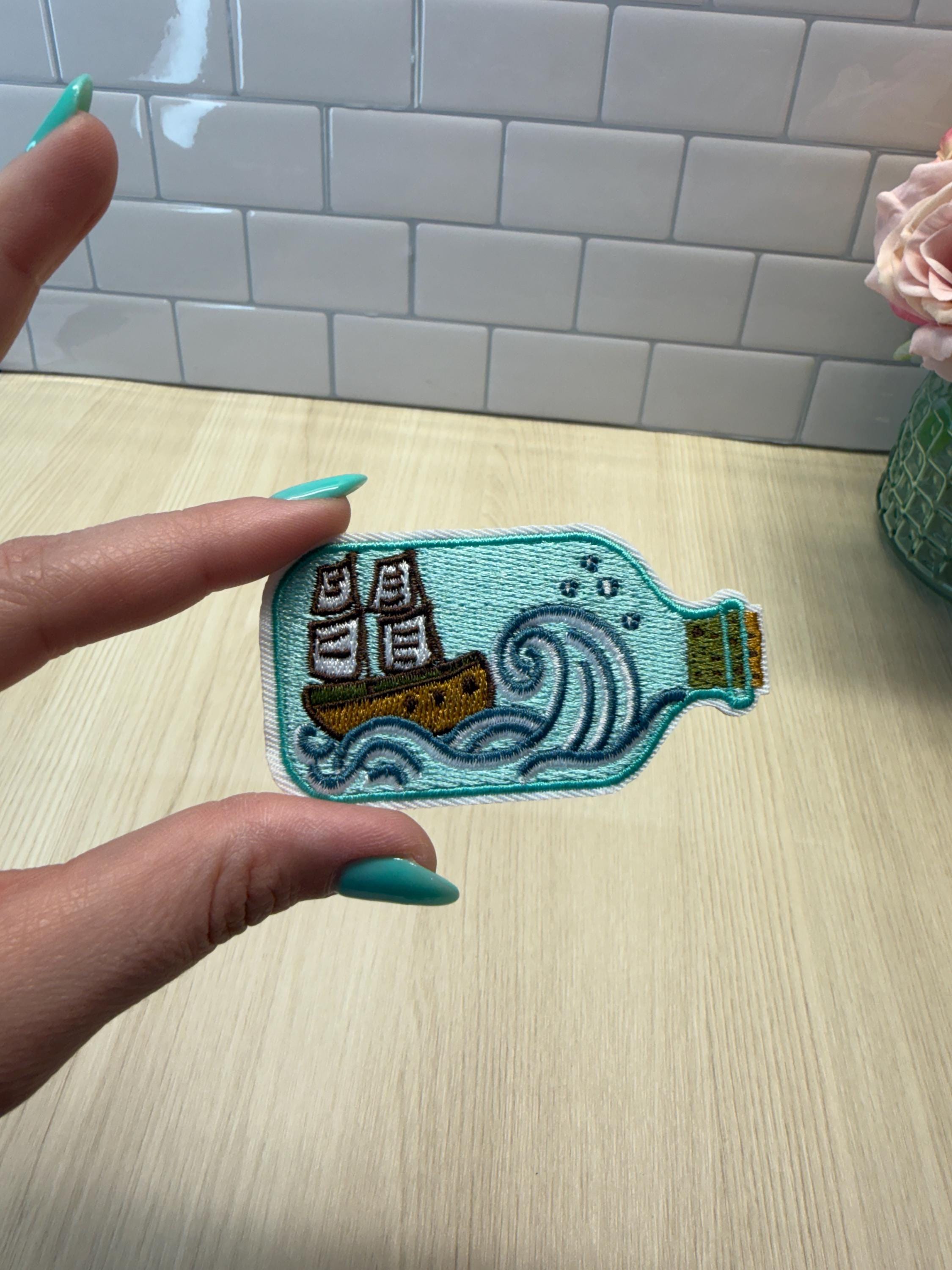 Ship in a Bottle Patch – Ocean Embroidered Iron-On Patch | Nautical Aesthetic | Vintage Maritime Patch | Coastal Vibes Badge