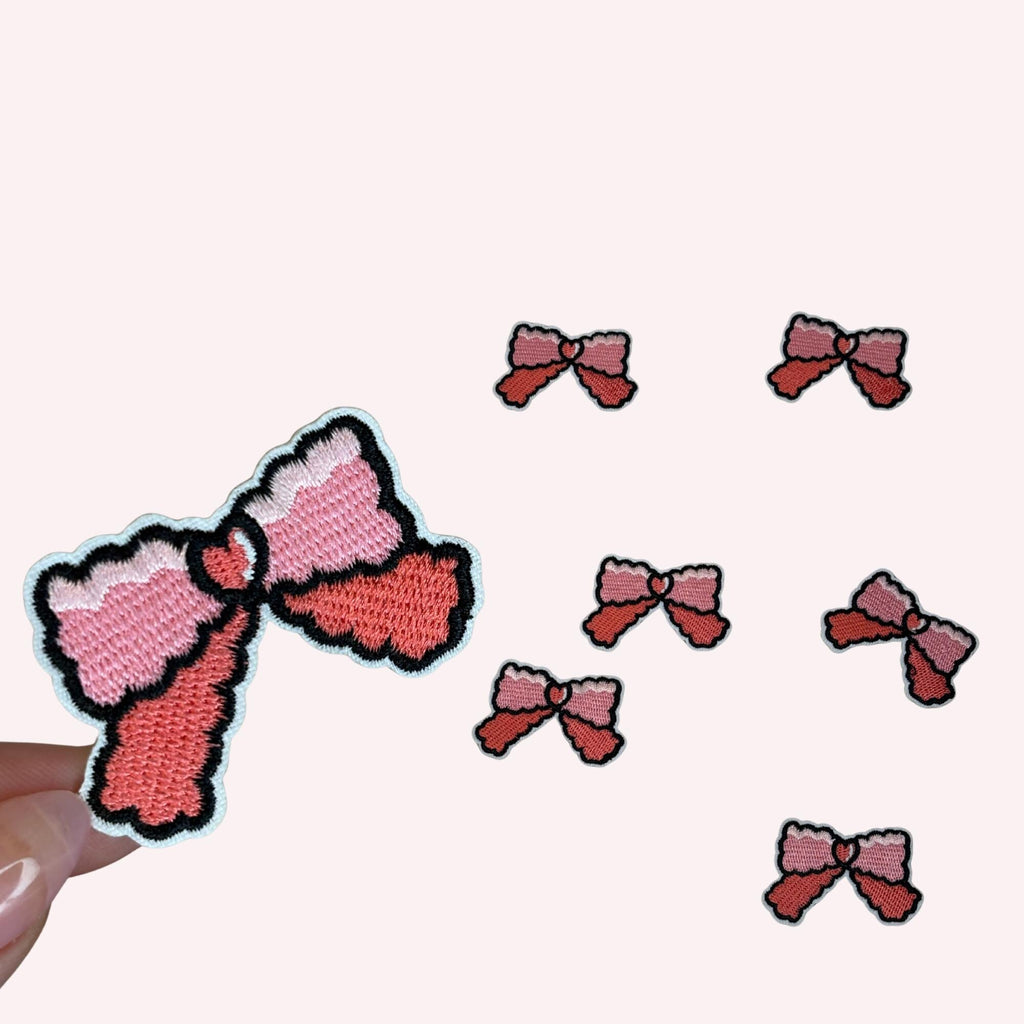 Small Bow Embroidery Patch with Heart | Iron-On Applique (2”)