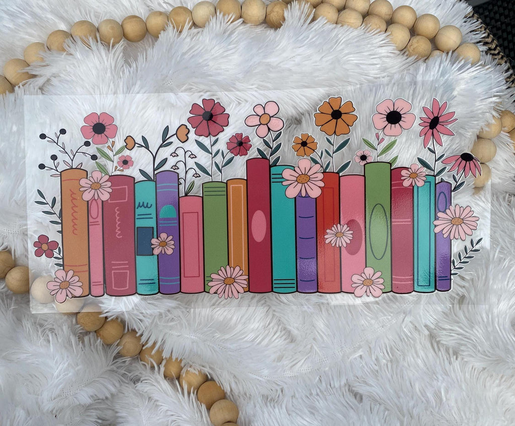 Books and Flowers UV DTF Wrap: 16oz Tumbler Decal