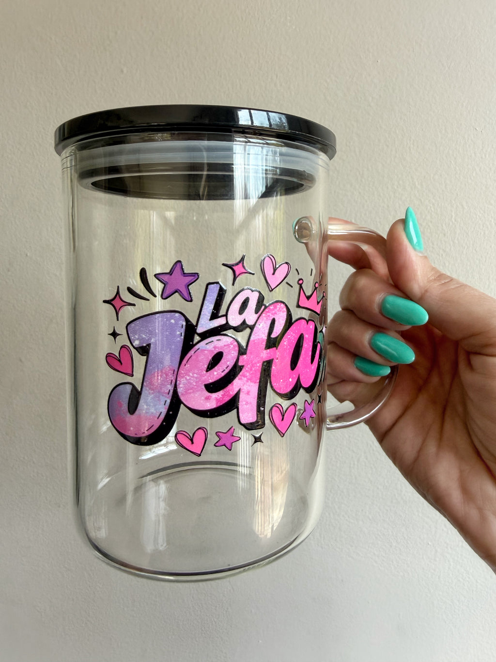 La Jefa & Boss Lady Clear Mugs – 11.5×9.5×14 cm | Black Lid | Exclusive Designs