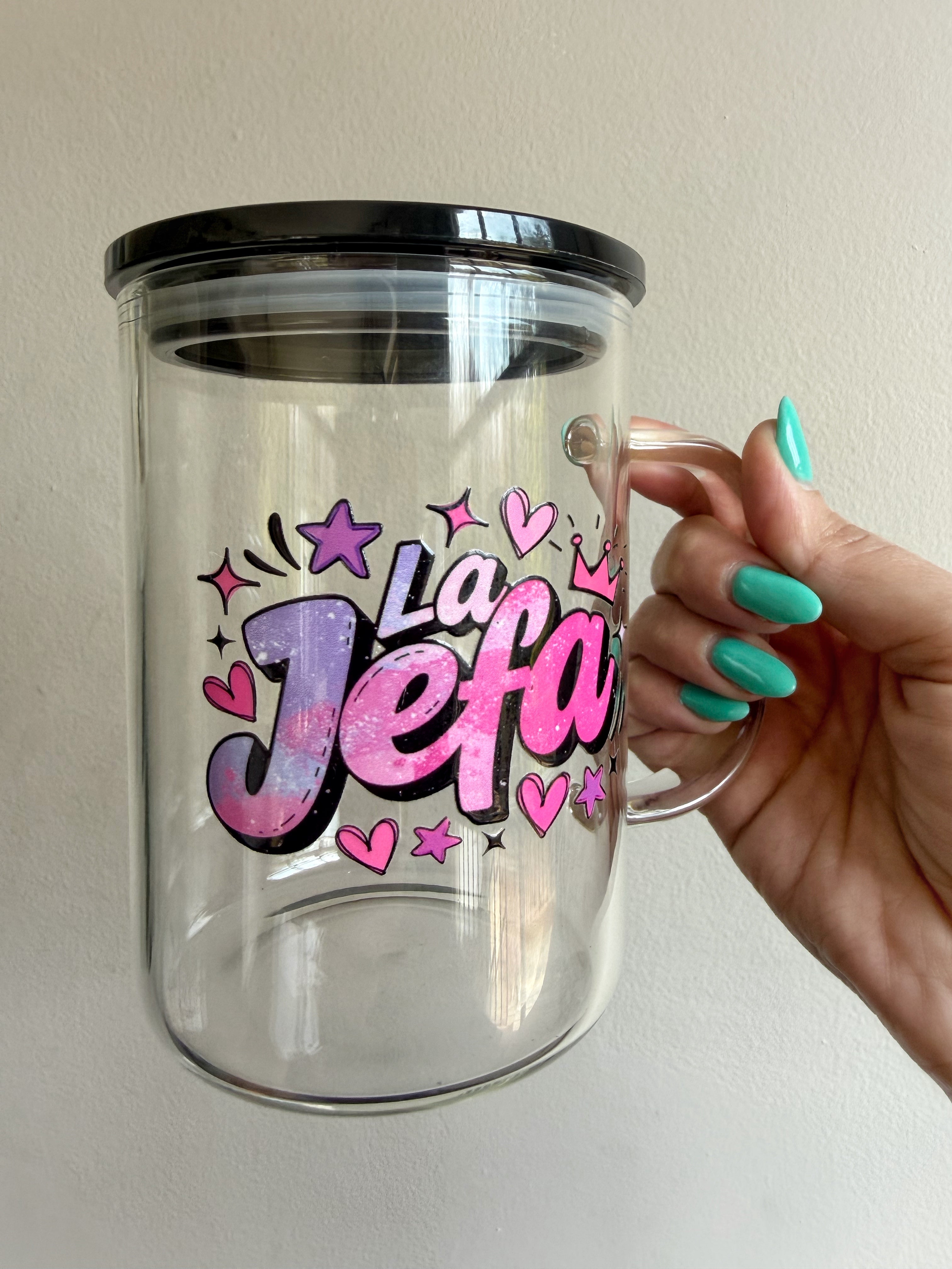 La Jefa & Boss Lady Clear Mugs – 11.5×9.5×14 cm | Black Lid | Exclusive Designs