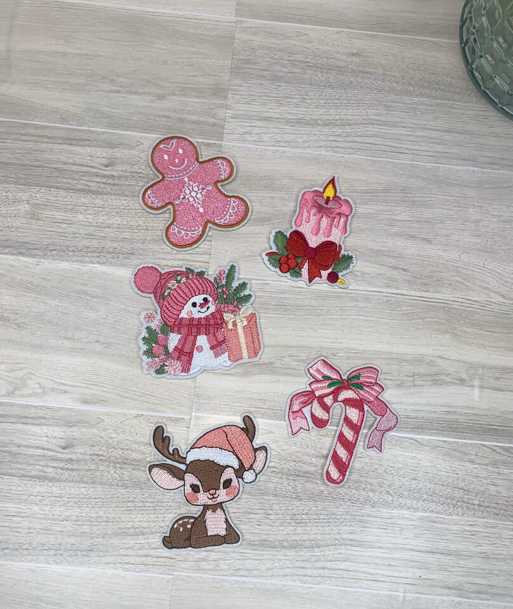 Pink Christmas Iron On Patch Set – 5 Piece Embroidered Holiday Patches