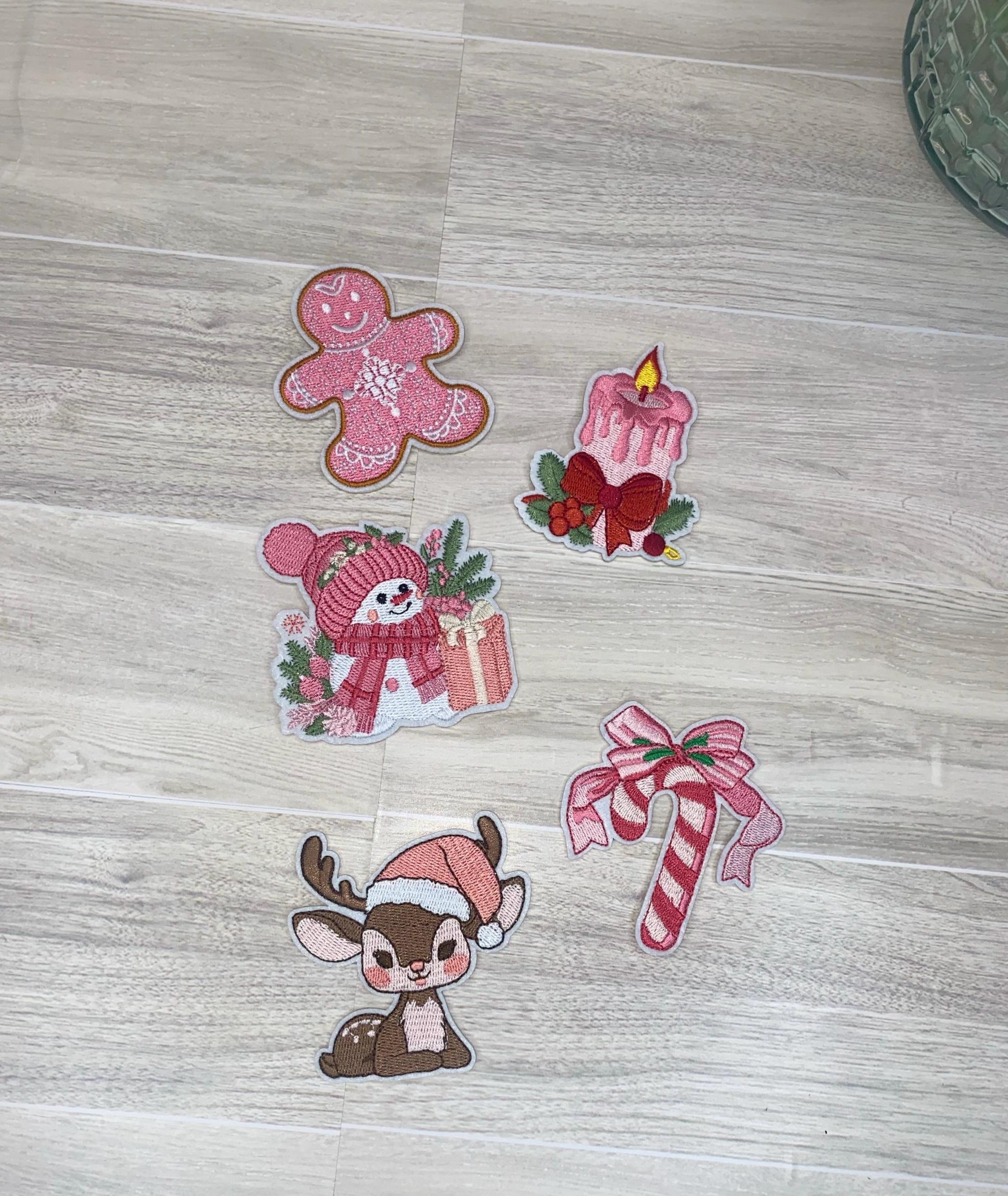 Pink Christmas Iron On Patch Set – 5 Piece Embroidered Holiday Patches