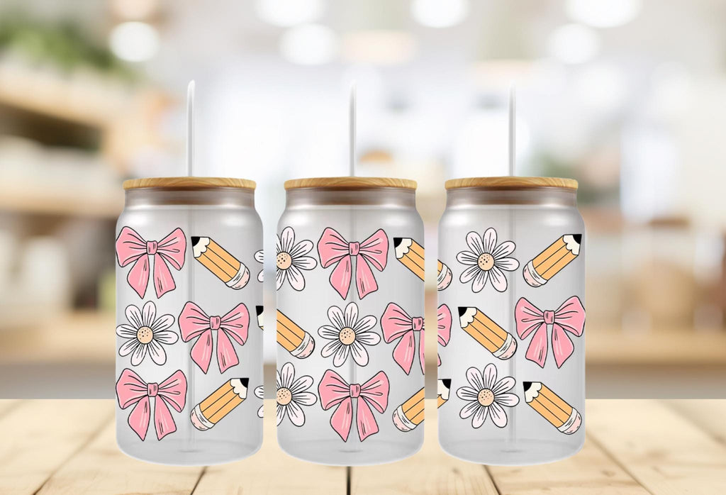 Teacher Appreciation Gift: 16 oz UV DTF Cup Wrap - Bows, Daisies, Pencils