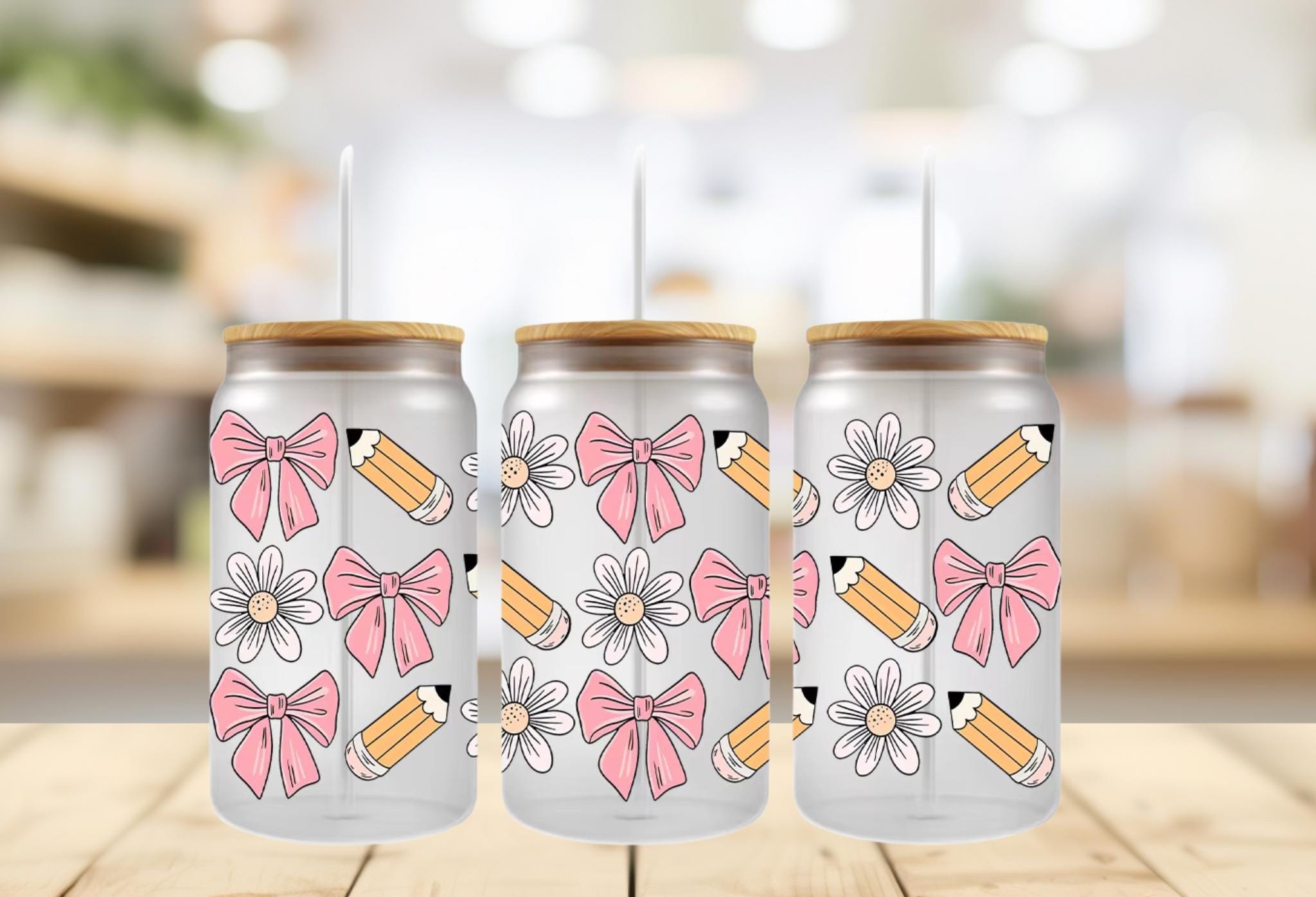 Teacher Appreciation Gift: 16 oz UV DTF Cup Wrap - Bows, Daisies, Pencils