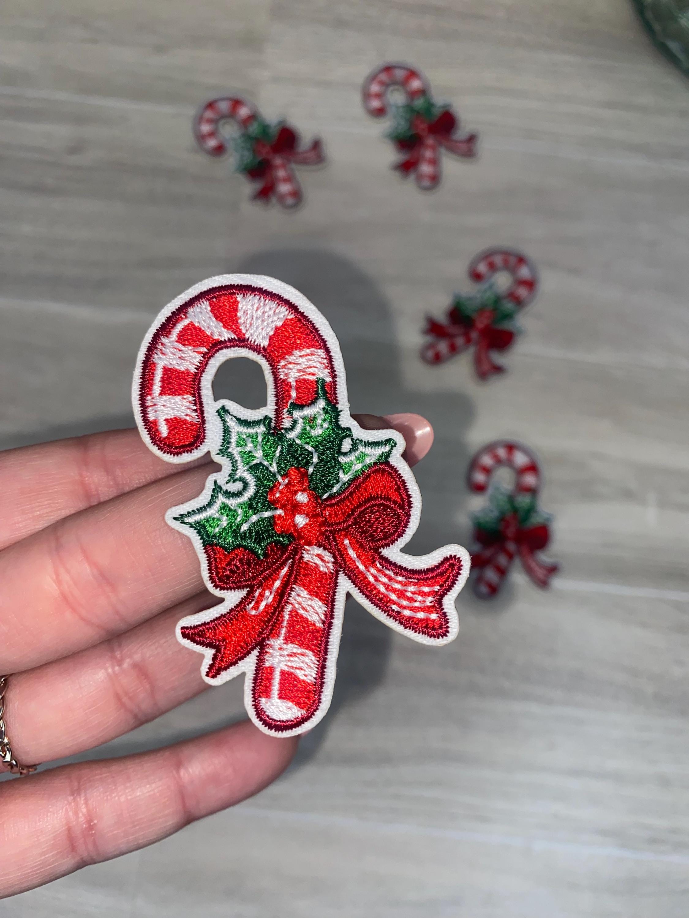 Embroidered Candy Cane Iron On Patch - Holiday Festive Accessory