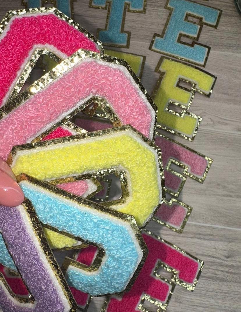 Chenille Letter Patch with Glitter Border: Iron-On Applique (3.1 inch)