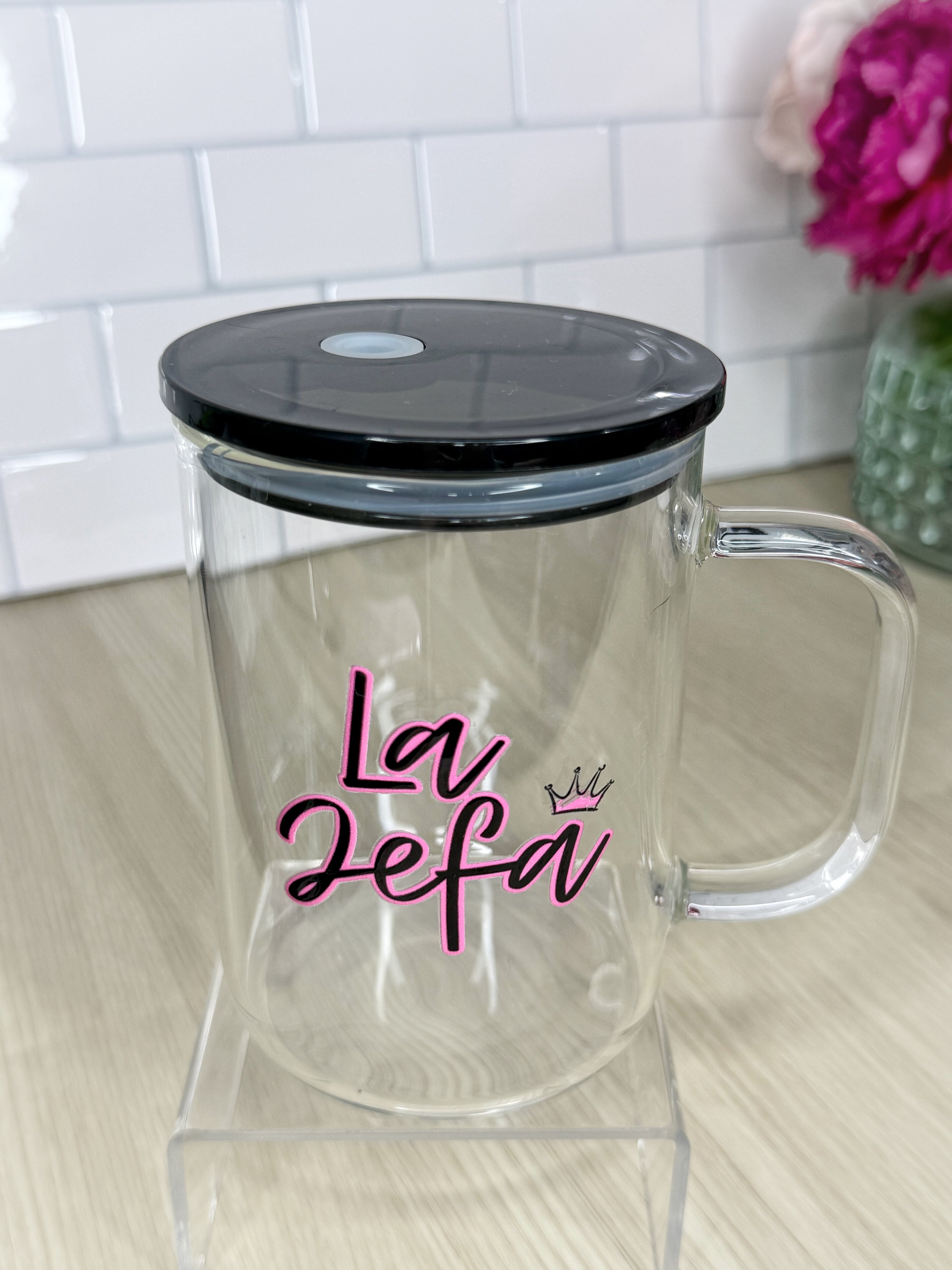 La Jefa & Boss Lady Clear Mugs – 11.5×9.5×14 cm | Black Lid | Exclusive Designs