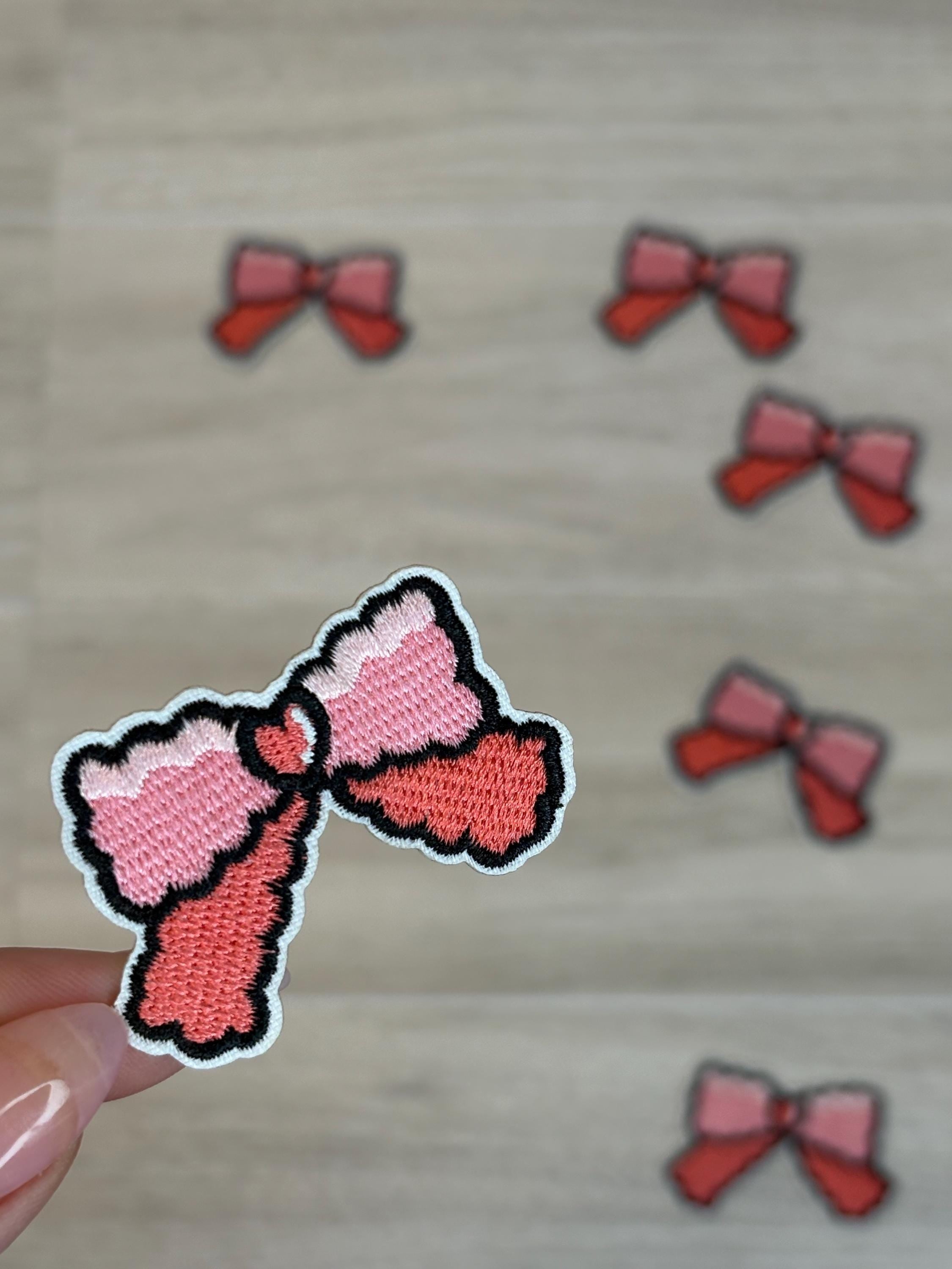 Small Bow Embroidery Patch with Heart | Iron-On Applique (2”)