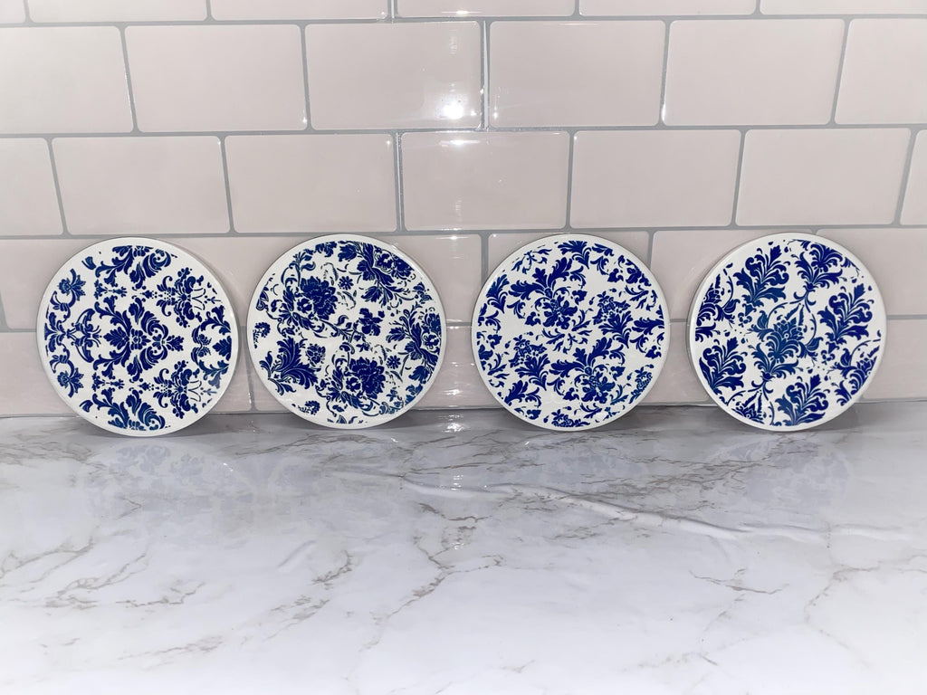 Blue Damask Coasters: Elegant Classic Pattern Home Decor