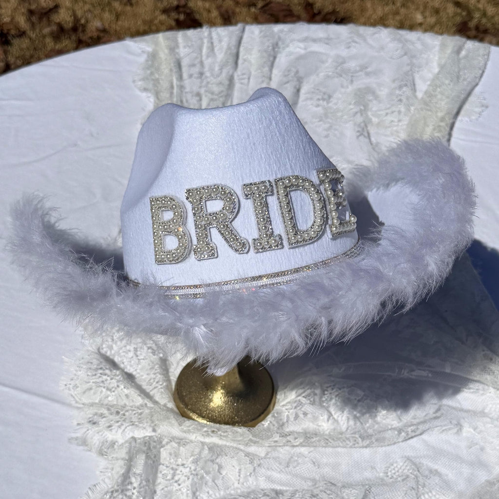The Party Hat | Bride Cowgirl Hat with Pearl Lettering | White Western Bride Hat | Bachelorette Hat | Bridal Party Hat | Nashville Bride