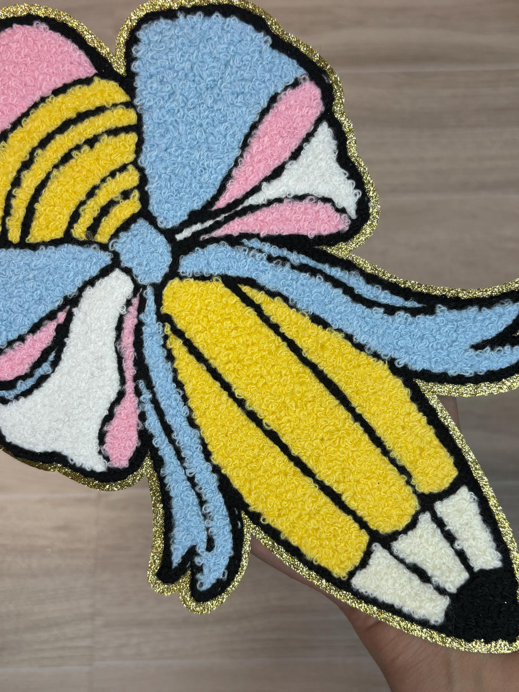 Chenille Pencil Patch with Bow | Large Iron-On Applique (9”)