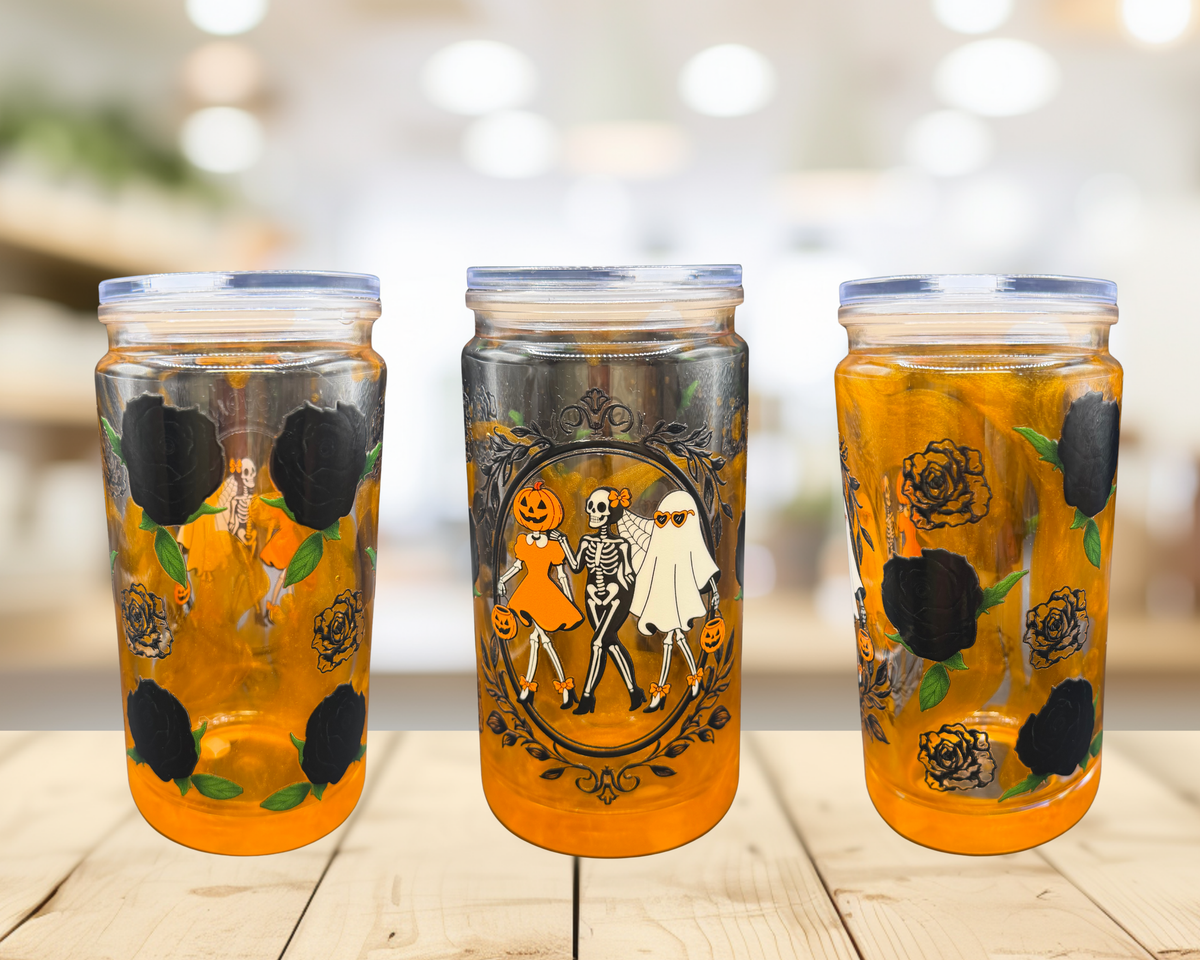 Vintage Halloween Snow Globe Tumbler – 16 oz Orange Glitter Cup, Gothic Skeleton Ghost Tumbler, Spooky Season Cup