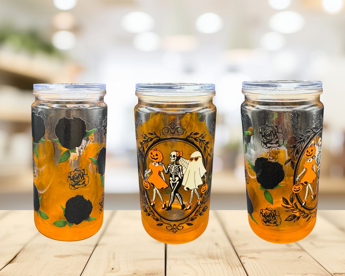 Vintage Halloween Snow Globe Tumbler – 16 oz Orange Glitter Cup, Gothic Skeleton Ghost Tumbler, Spooky Season Cup
