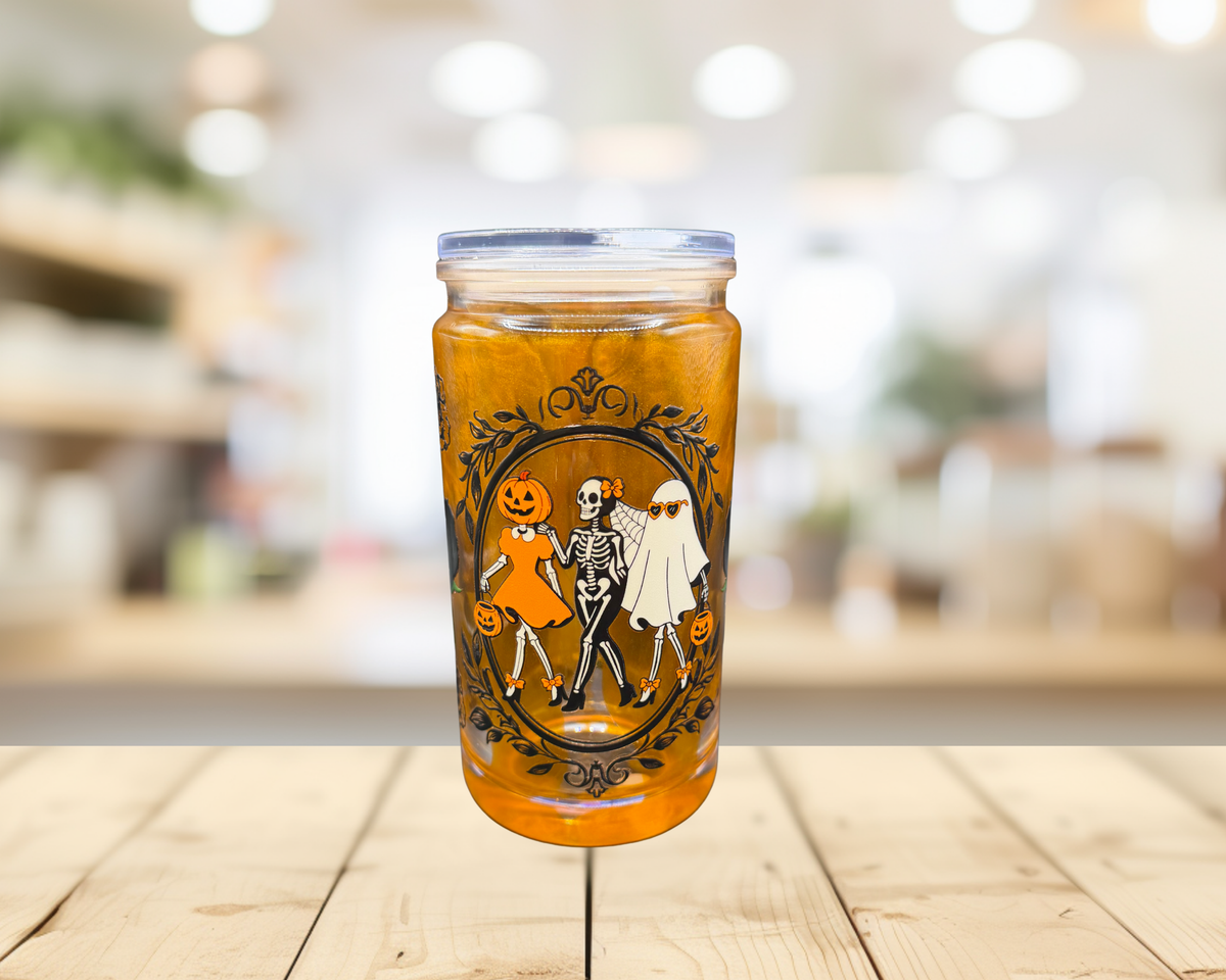 Vintage Halloween Snow Globe Tumbler – 16 oz Orange Glitter Cup, Gothic Skeleton Ghost Tumbler, Spooky Season Cup