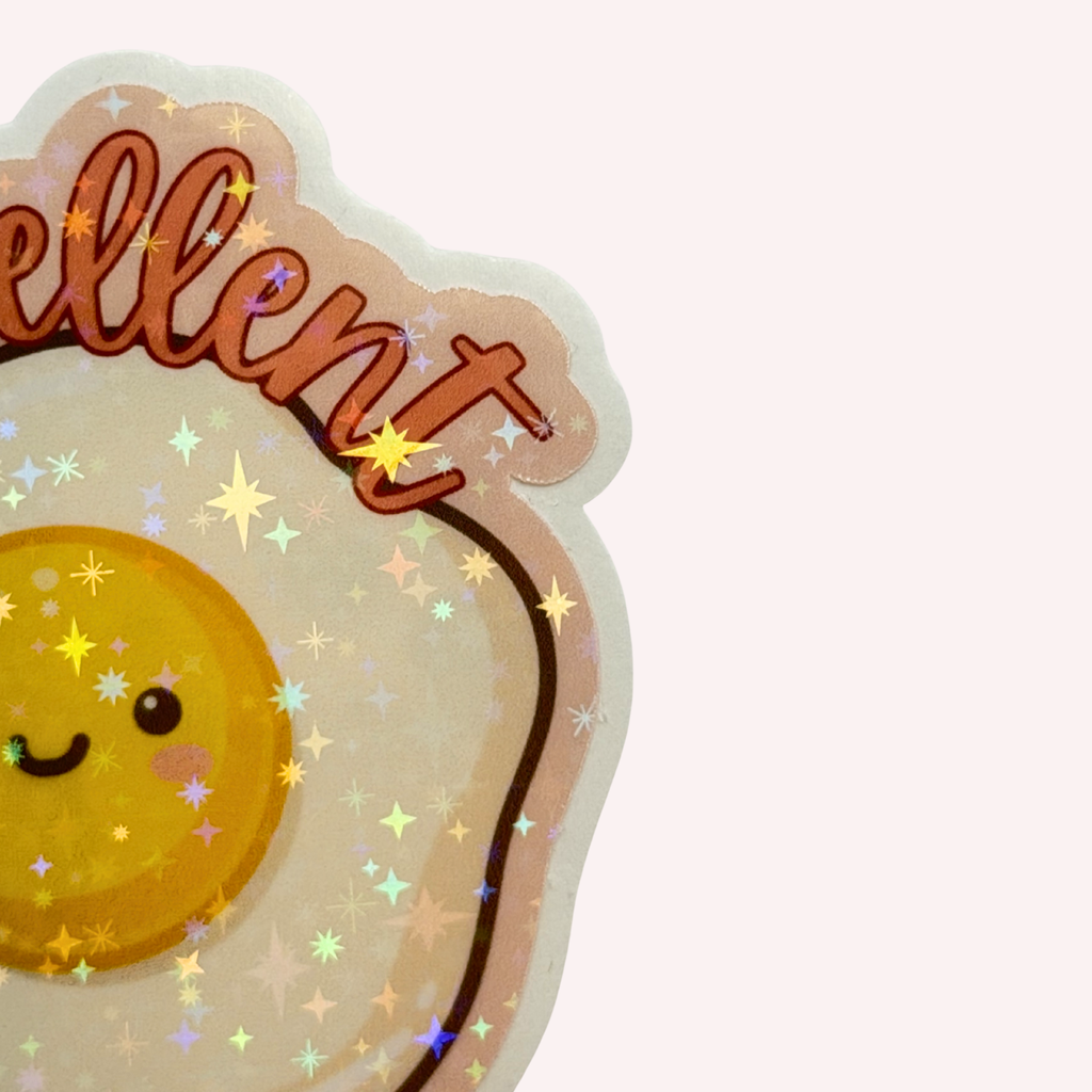 Egg-cellent Sticker | Cute Egg Sticker | Funny Breakfast Holographic Sticker | Food Pun Decal | Laptop & Water Bottle Sticker