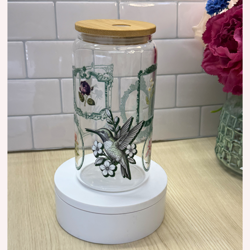 Vintage Hummingbird Floral Frame Glass Cup | 16 oz Libbey Cup with Lid & Straw | Elegant Botanical Drinkware ✨