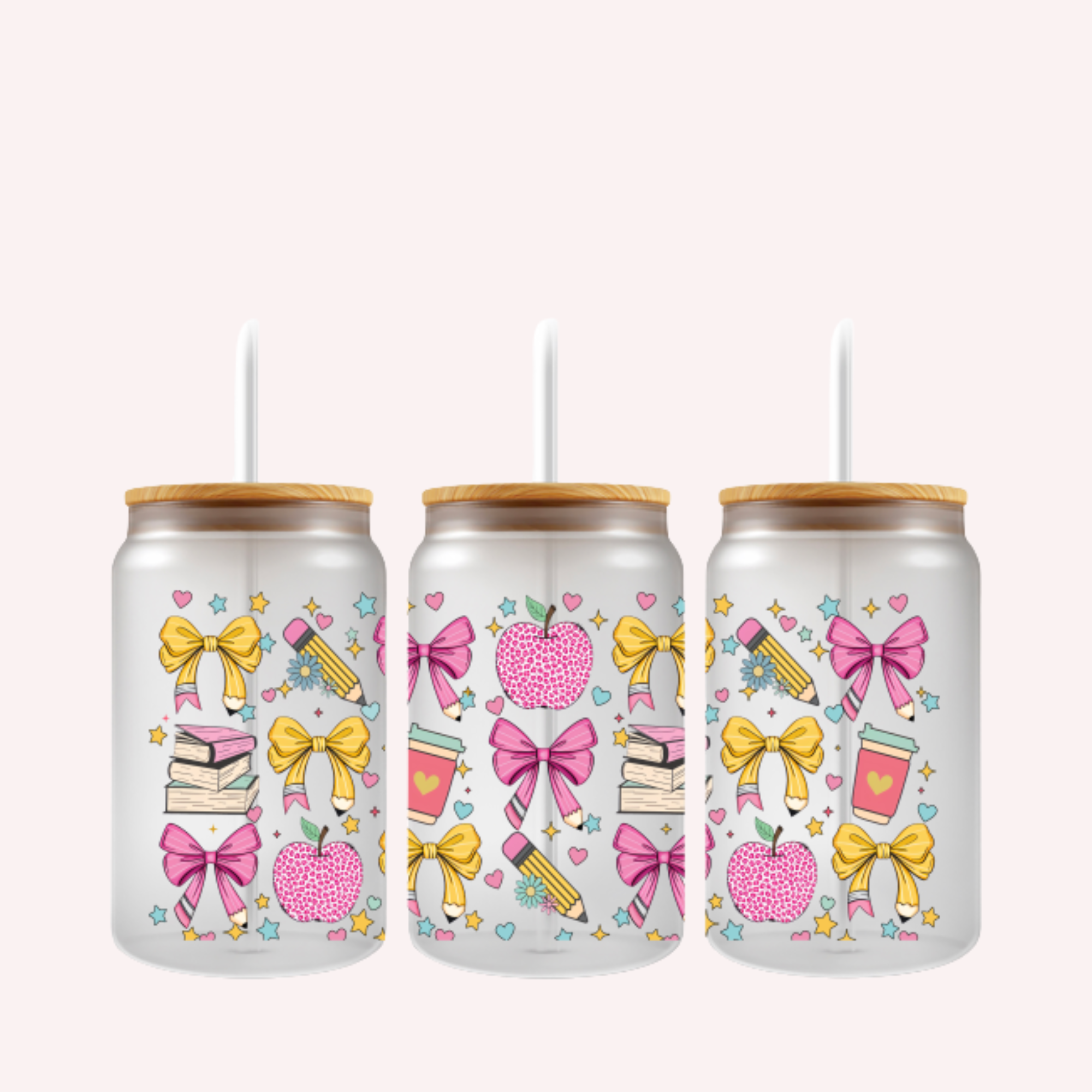 Pastel Teacher Cup Wrap | Cute Teacher Glass Can Wrap with Coffee Cups Apples & Bows | Teacher Appreciation Gift | 16oz Libbey UV DTF Wrap