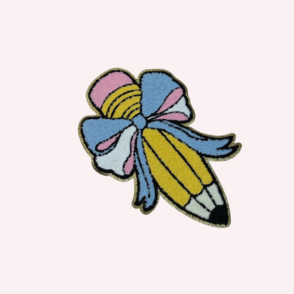 Chenille Pencil Patch with Bow | Large Iron-On Applique (9”)