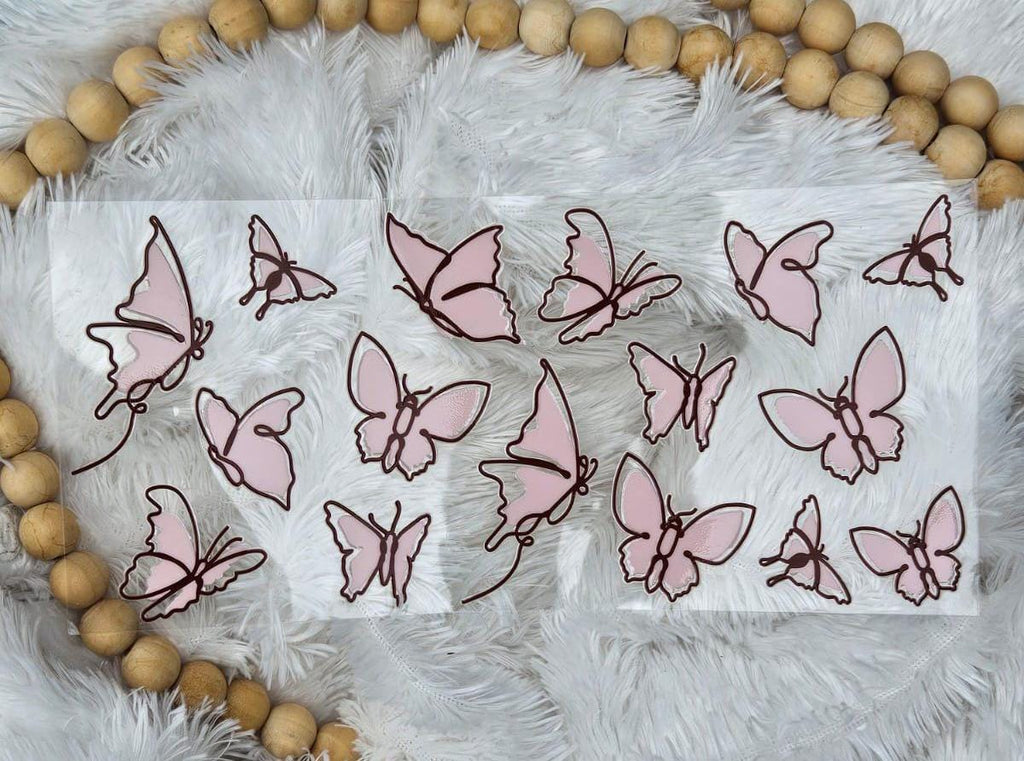 Pink Butterflies, UV DTF 16oz wrap, Butterfly cup wrap