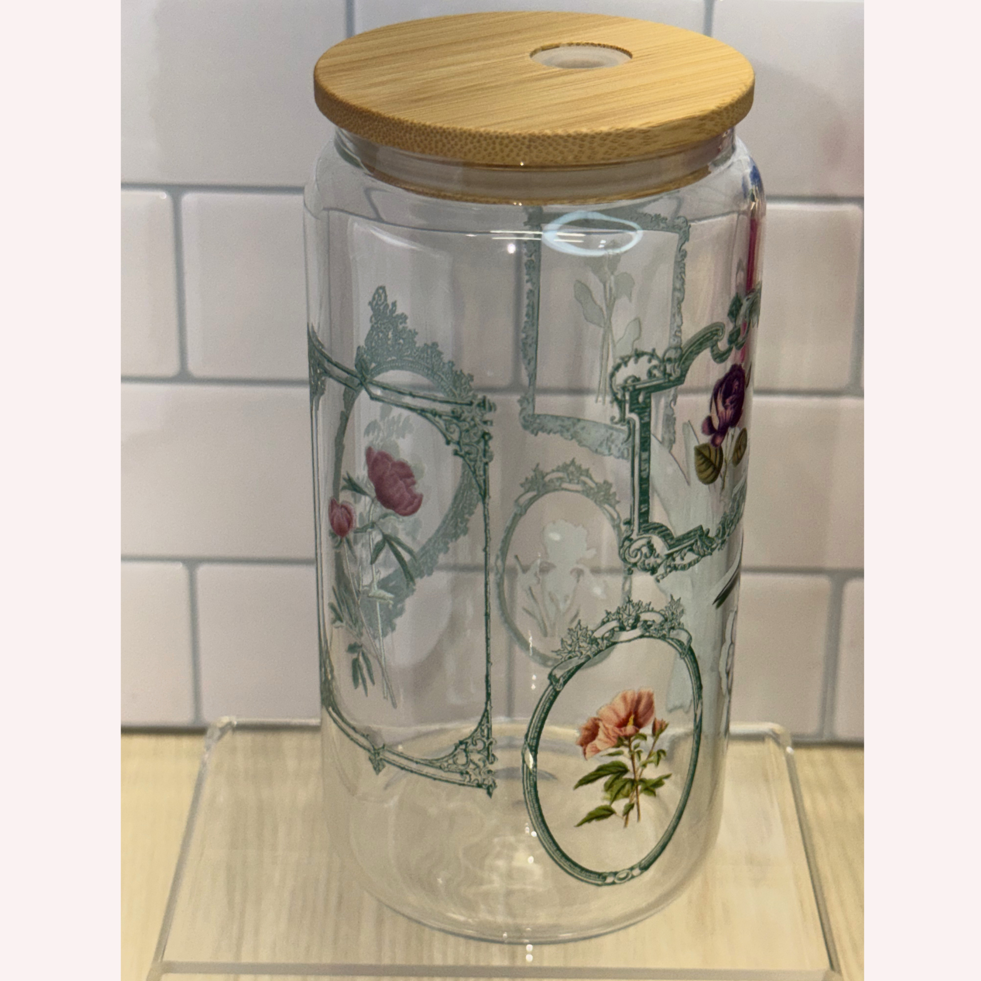 Vintage Hummingbird Floral Frame Glass Cup | 16 oz Libbey Cup with Lid & Straw | Elegant Botanical Drinkware ✨