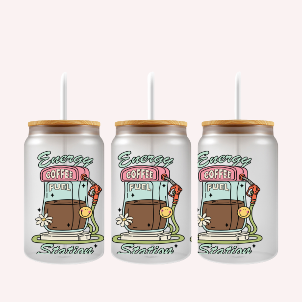 Energy Coffee Fuel Station Cup Wrap | Funny Coffee Lover Glass Can Wrap | Cute Gas Station Coffee Design | 16oz Libbey UV DTF Wrap