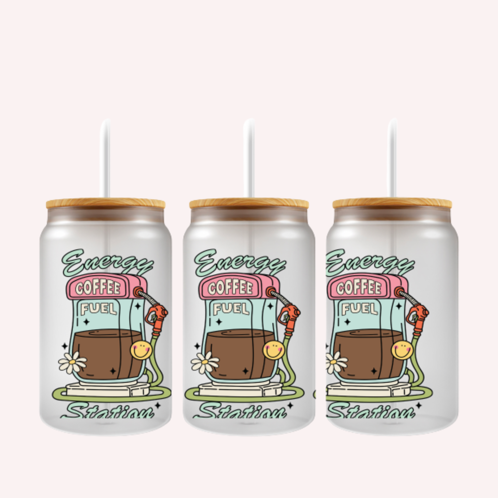 Energy Coffee Fuel Station Cup Wrap | Funny Coffee Lover Glass Can Wrap | Cute Gas Station Coffee Design | 16oz Libbey UV DTF Wrap