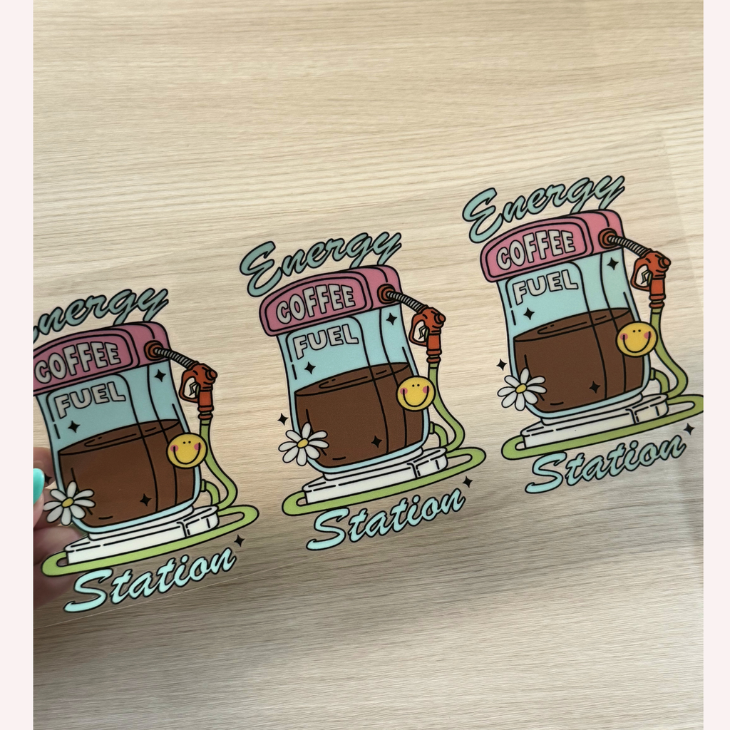 Energy Coffee Fuel Station Cup Wrap | Funny Coffee Lover Glass Can Wrap | Cute Gas Station Coffee Design | 16oz Libbey UV DTF Wrap