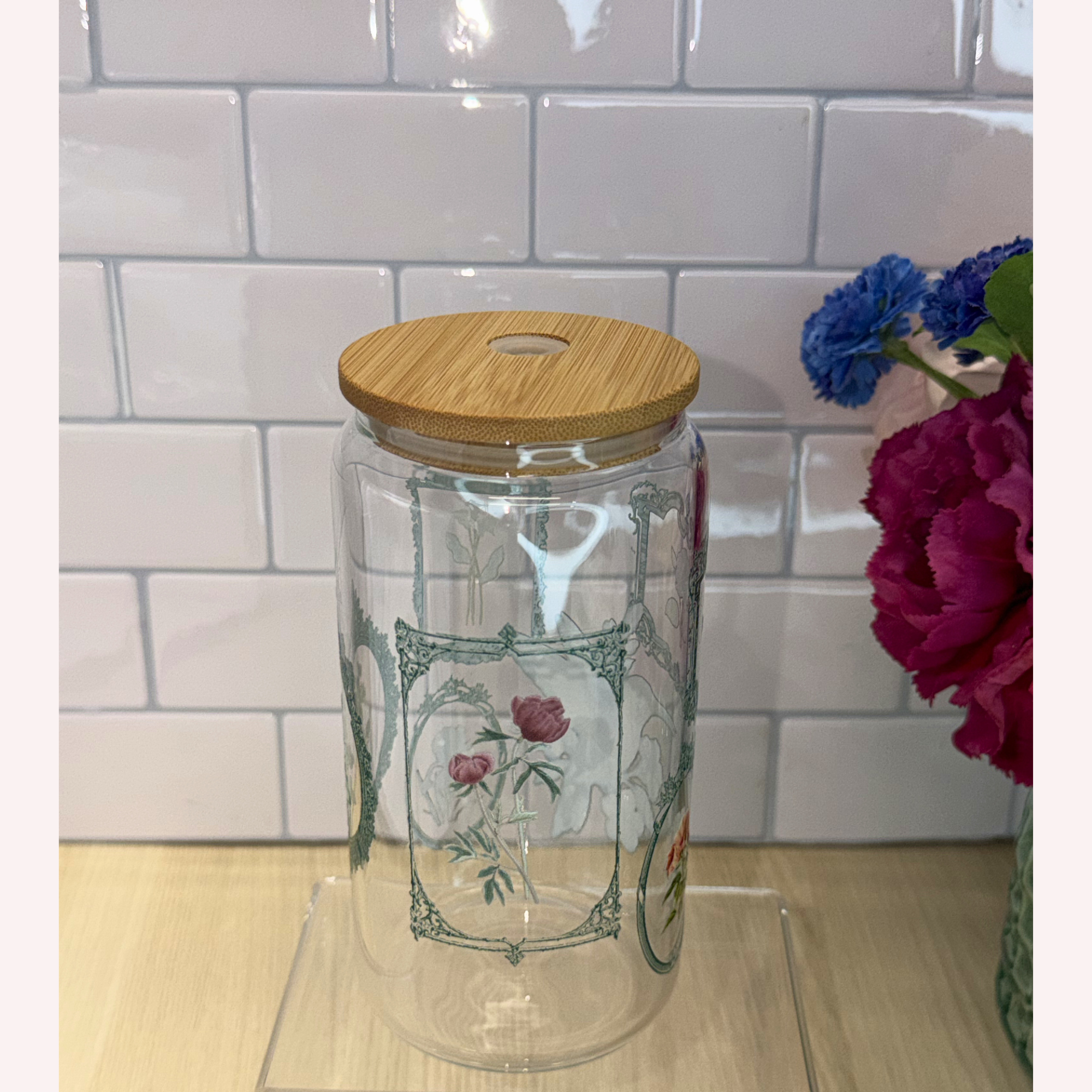Vintage Hummingbird Floral Frame Glass Cup | 16 oz Libbey Cup with Lid & Straw | Elegant Botanical Drinkware ✨
