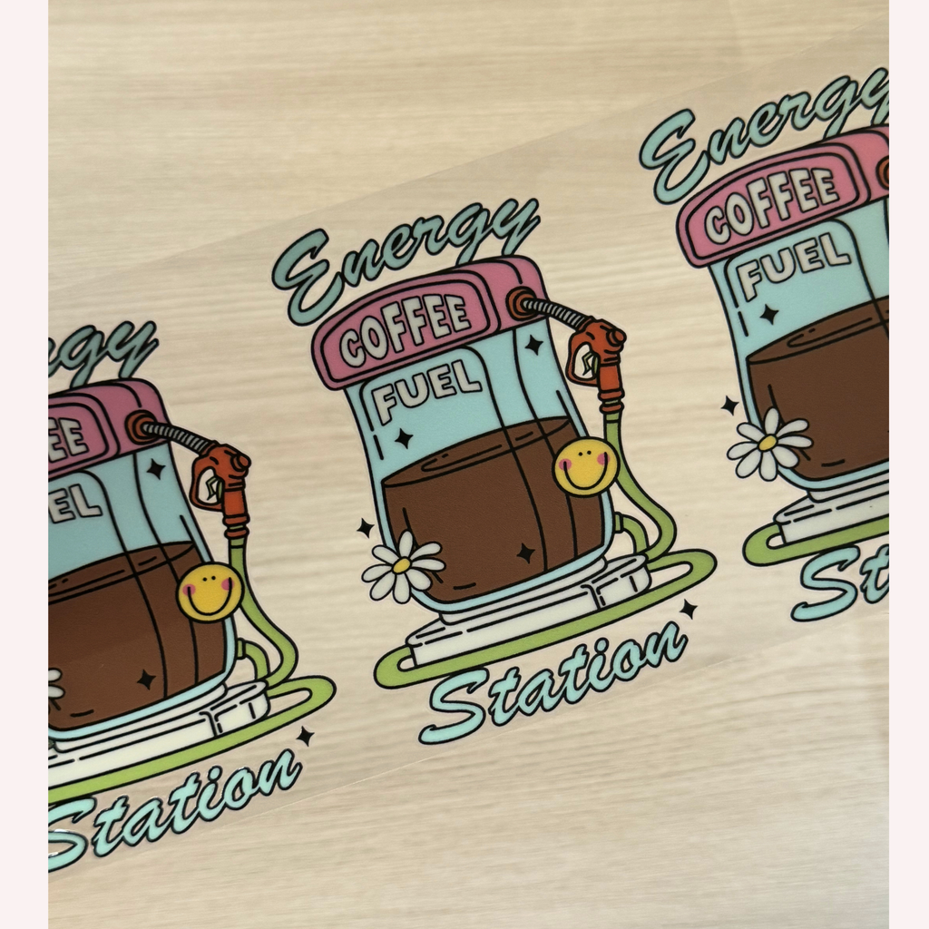 Energy Coffee Fuel Station Cup Wrap | Funny Coffee Lover Glass Can Wrap | Cute Gas Station Coffee Design | 16oz Libbey UV DTF Wrap