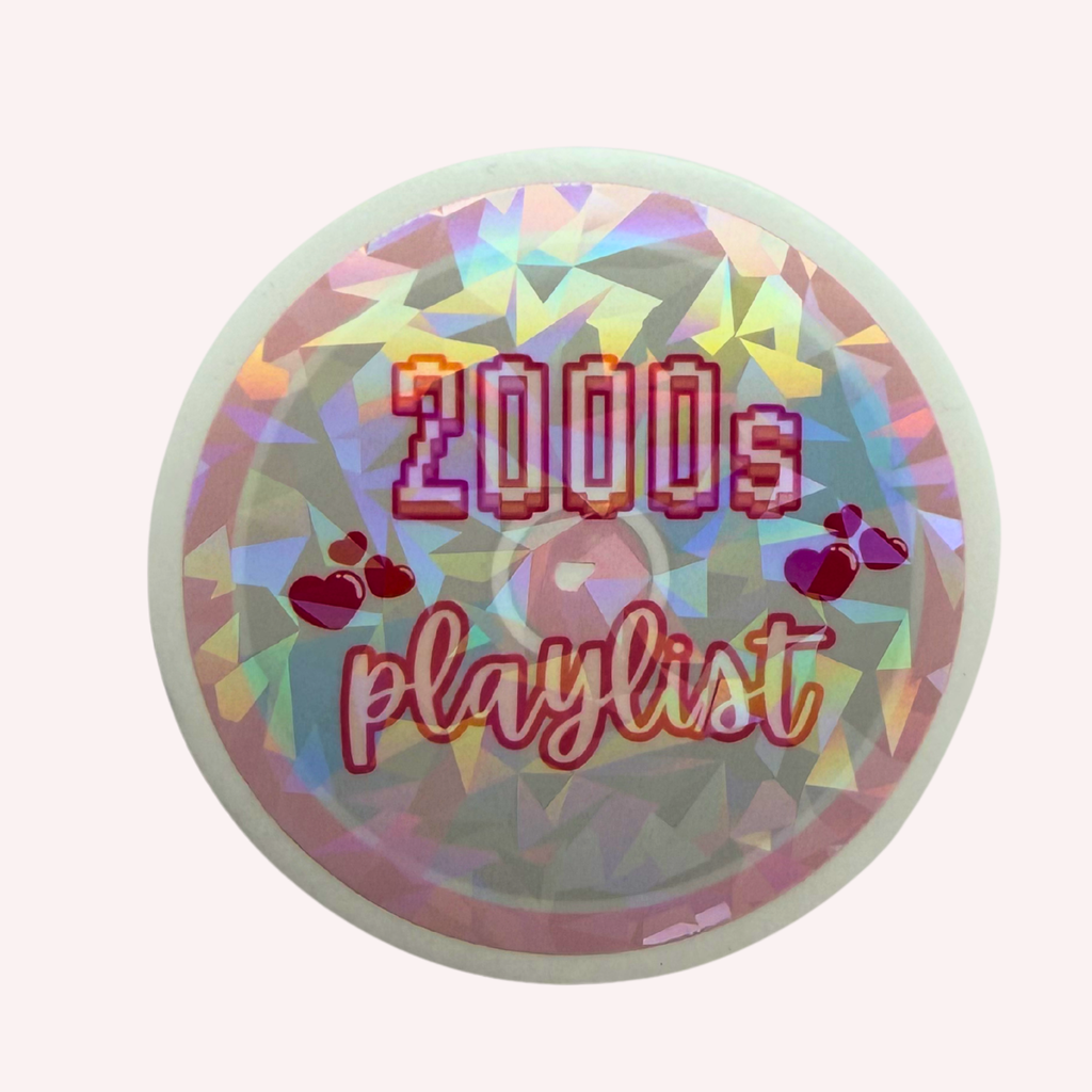 Retro 2000s Playlist CD Sticker | Pink & Silver Y2K Holographic Vinyl Sticker | Music Lover Laptop Decal | Water-Resistant Sticker