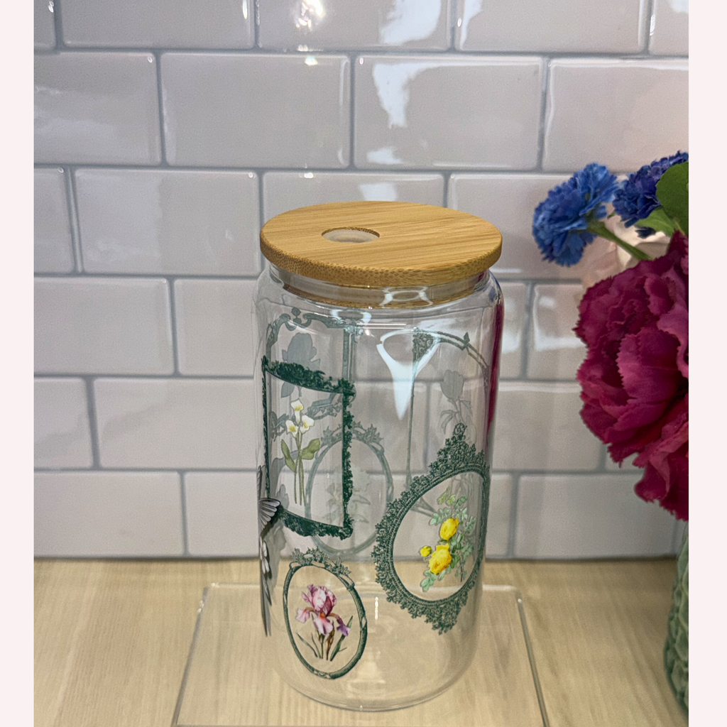 Vintage Hummingbird Floral Frame Glass Cup | 16 oz Libbey Cup with Lid & Straw | Elegant Botanical Drinkware ✨