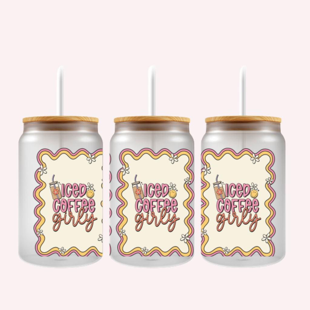 Iced Coffee Girly Cup Wrap | Cute Feminine Glass Can Wrap | Pink Coffee Lover Libbey Cup Wrap | 16oz UV DTF Transfer Decal