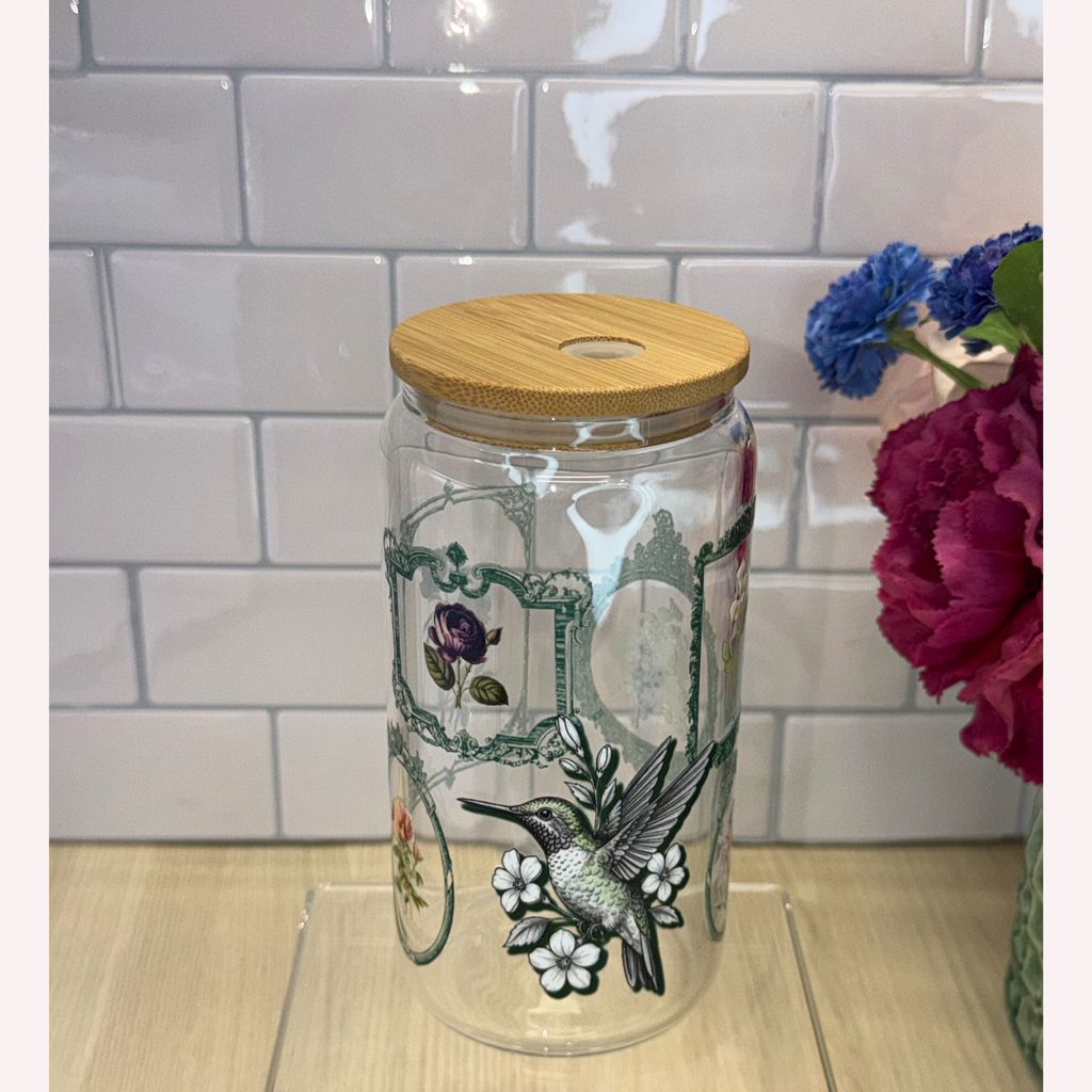 Vintage Hummingbird Floral Frame Glass Cup | 16 oz Libbey Cup with Lid & Straw | Elegant Botanical Drinkware ✨