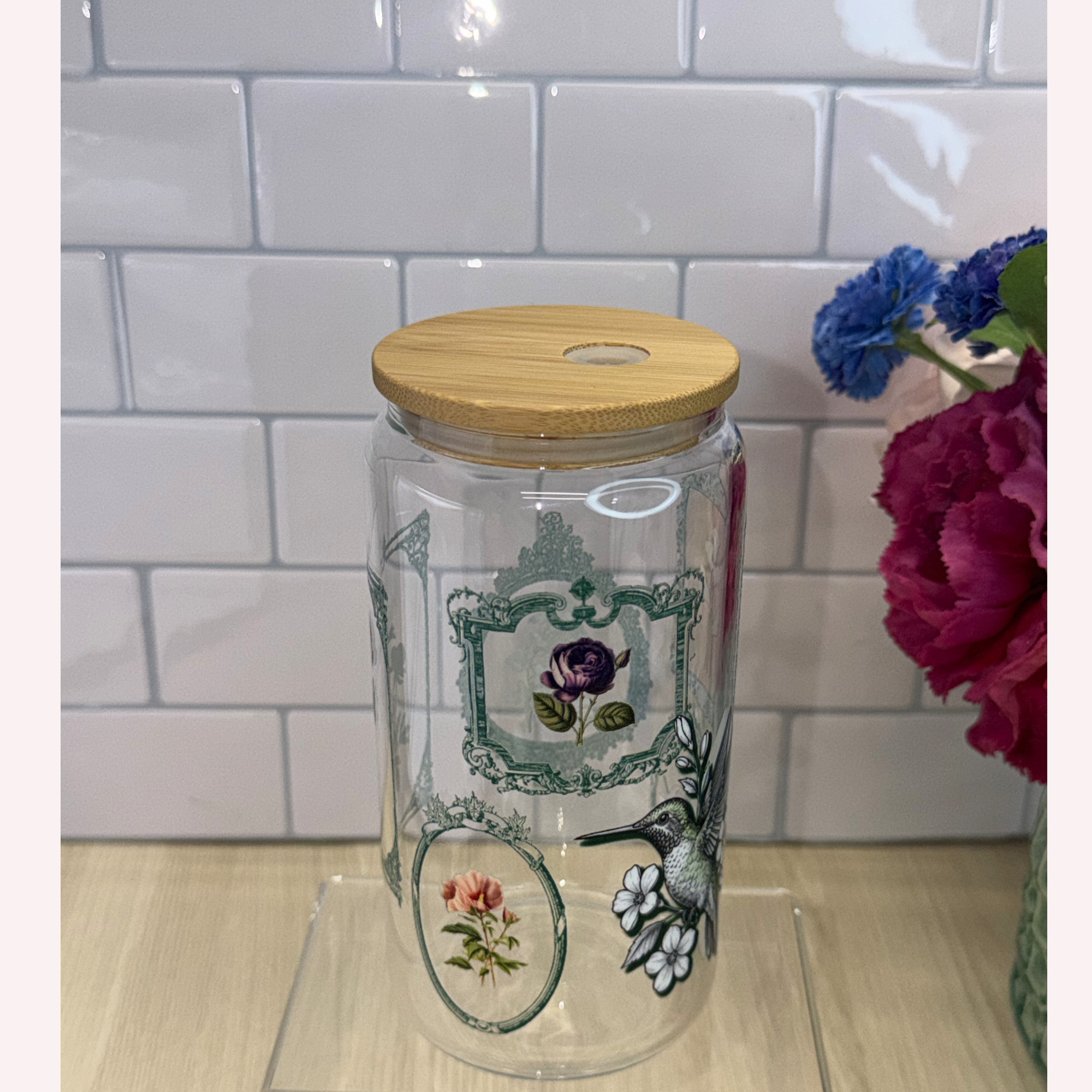 Vintage Hummingbird Floral Frame Glass Cup | 16 oz Libbey Cup with Lid & Straw | Elegant Botanical Drinkware ✨