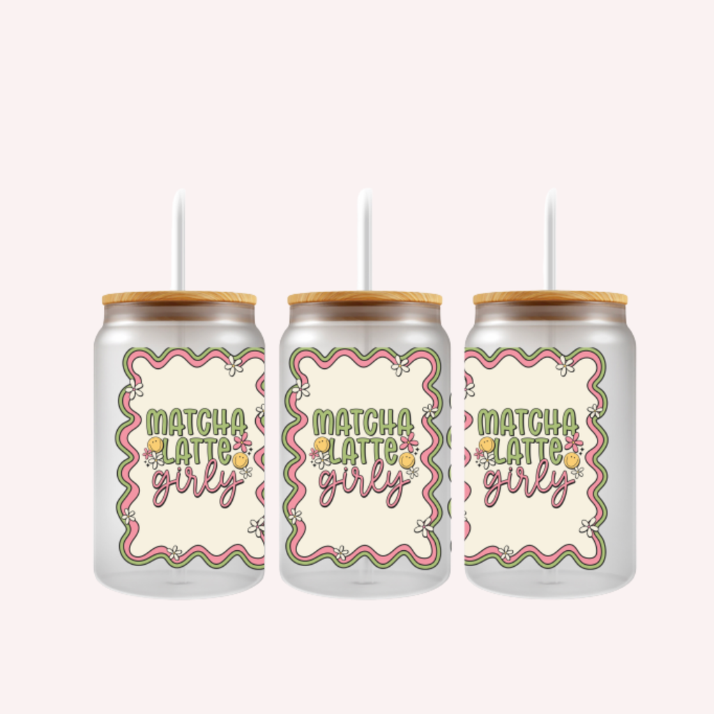 Matcha Latte Girly Cup Wrap | Cute Feminine Glass Can Wrap | Pink Matcha Lover Libbey Cup Wrap | 16oz UV DTF Transfer Decal