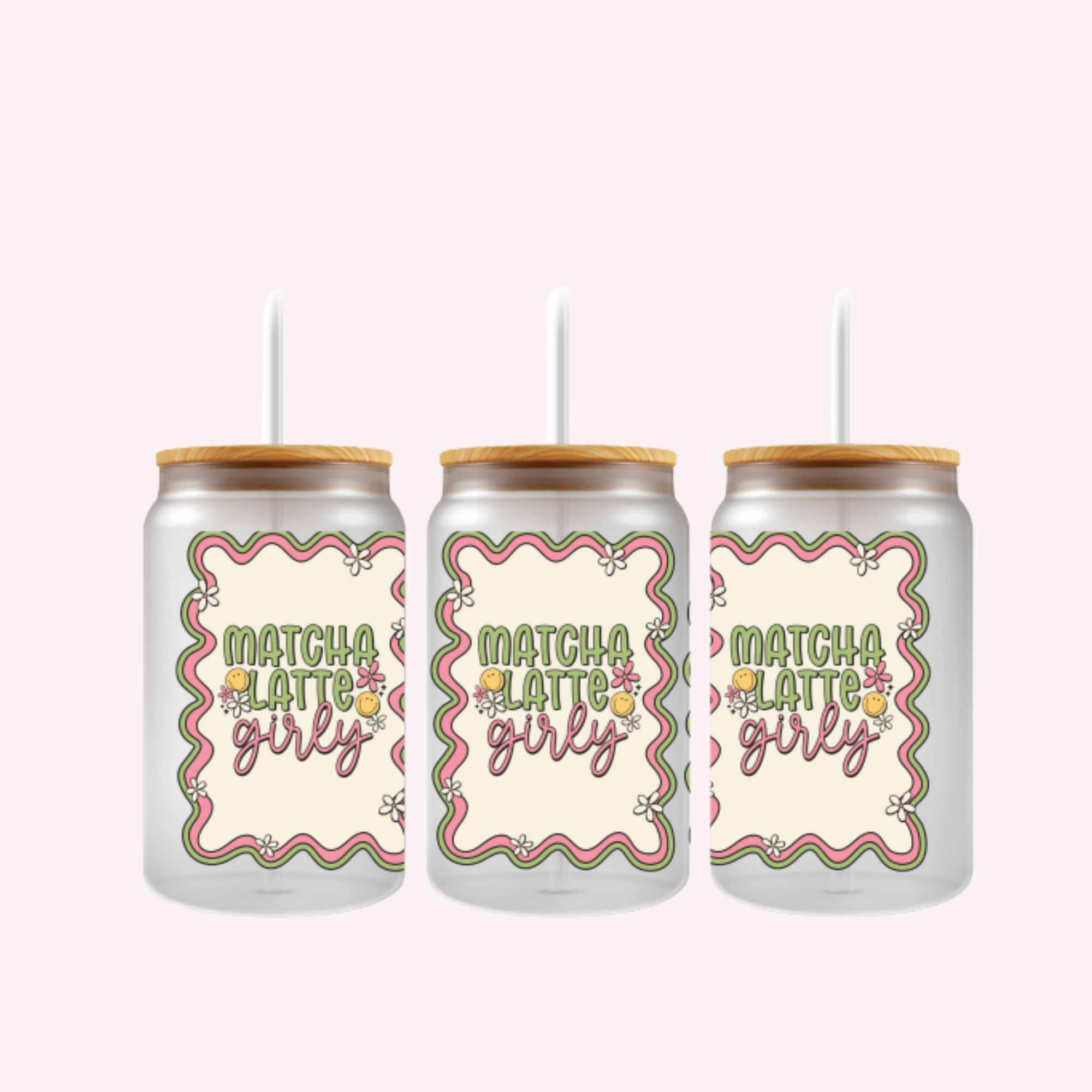 Matcha Latte Girly Cup Wrap | Cute Feminine Glass Can Wrap | Pink Matcha Lover Libbey Cup Wrap | 16oz UV DTF Transfer Decal