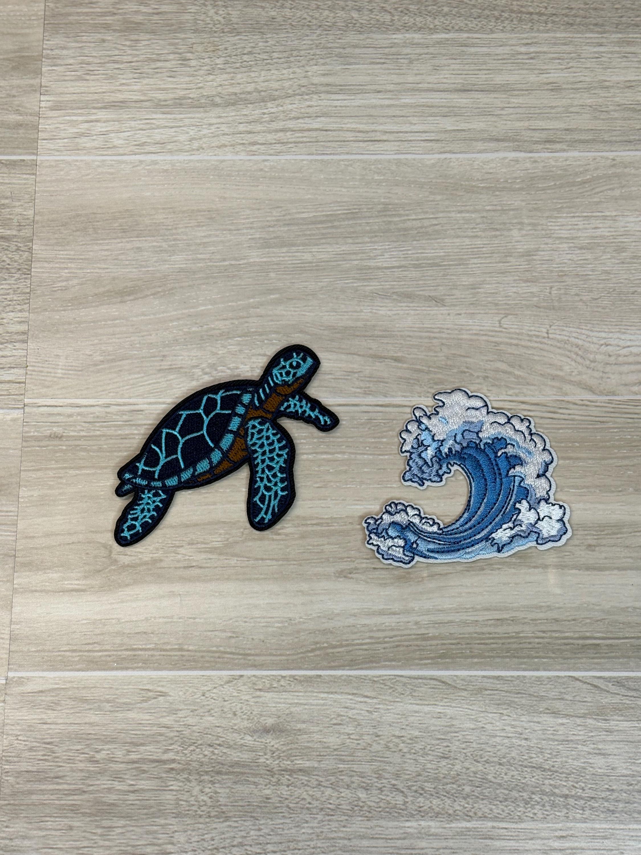 Turtle & Wave Patch Set (2–3.4”) | Ocean-Themed Iron-On Embroidery