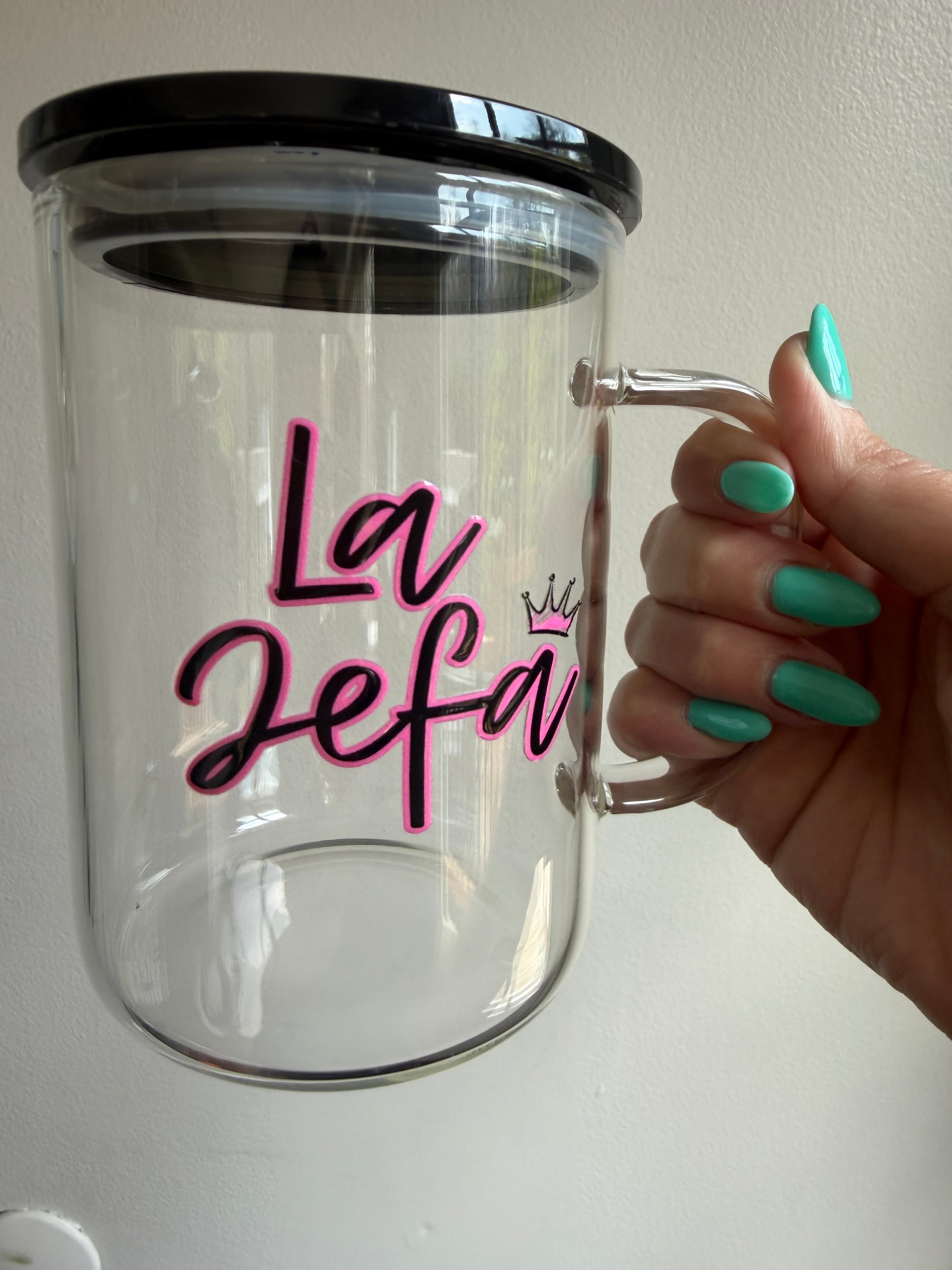 La Jefa & Boss Lady Clear Mugs – 11.5×9.5×14 cm | Black Lid | Exclusive Designs