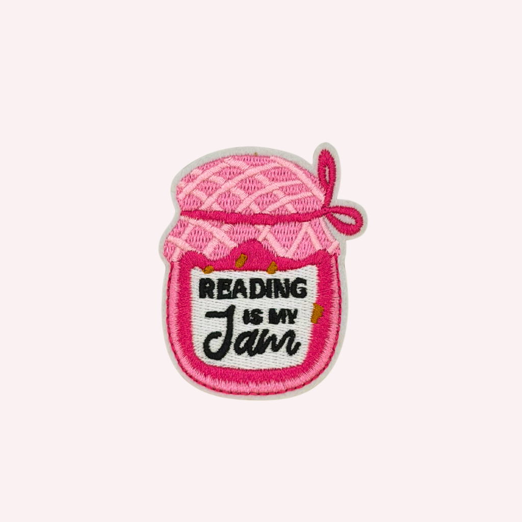 Reading Is My Jam Embroidered Iron-On Patch – Pink Book Lover Patch, Cute Reader Gift, Bookish Jacket & Tote Bag Patch