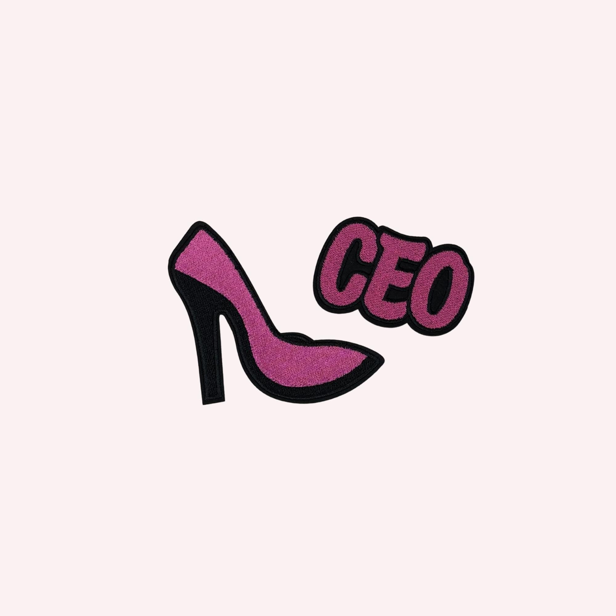 Pink & Black CEO + High Heel Shoe Patch Set | Iron-On Embroidery Duo