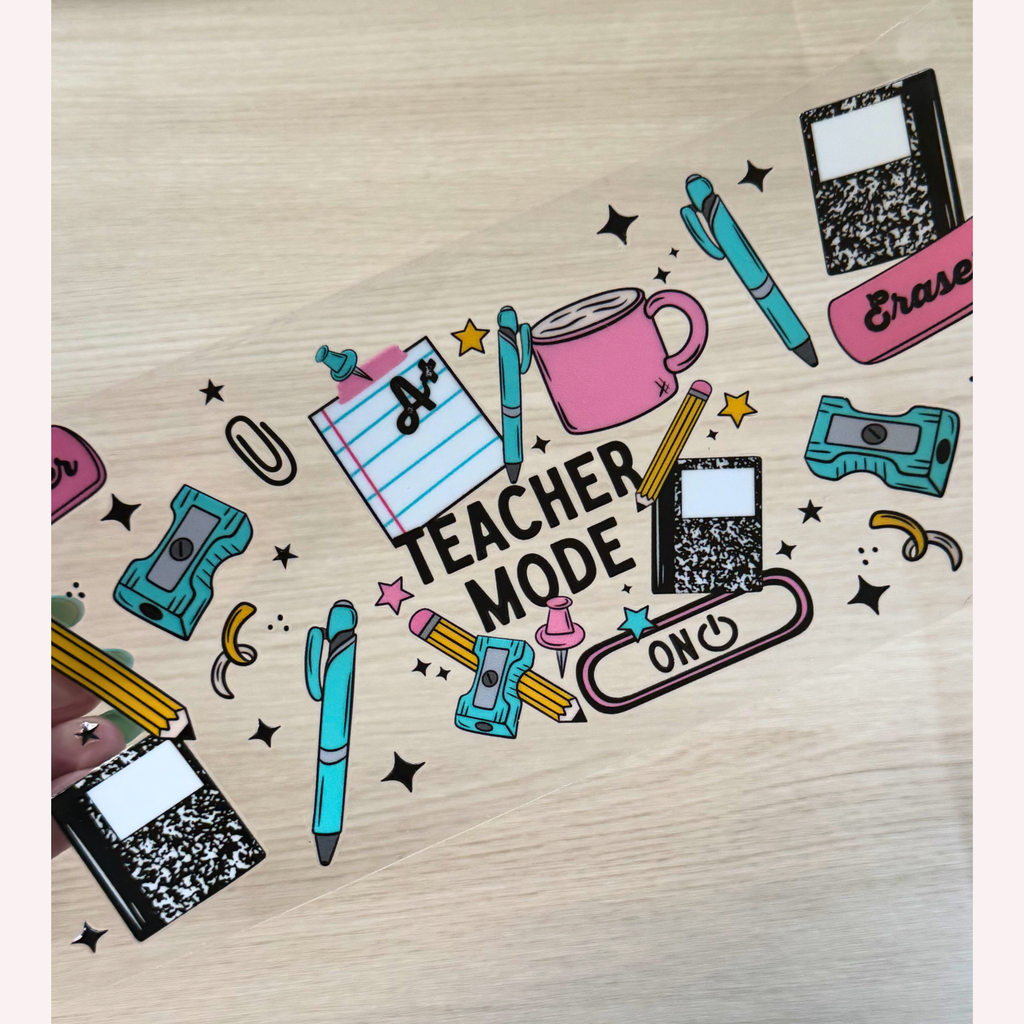 Teacher Mode Cup Wrap | Cute Colorful Teacher Appreciation Libbey Glass Can Wrap | Back to School Gift for Teacher | 16oz UV DTF Transfer Decal
