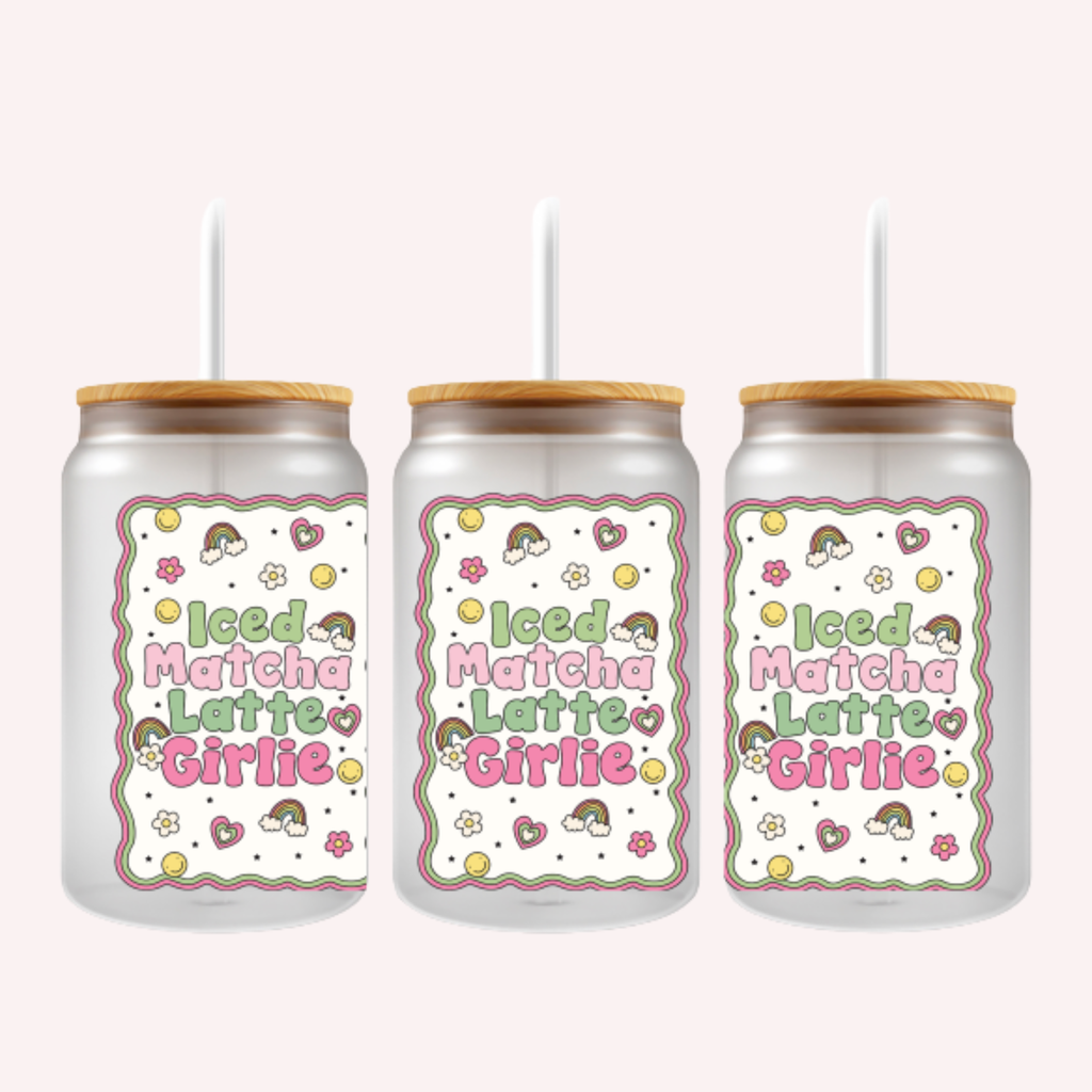 Iced Matcha Latte Girly Cup Wrap | Cute Feminine Glass Can Wrap | Matcha Lover Libbey Cup Wrap | 16oz UV DTF Transfer Decal