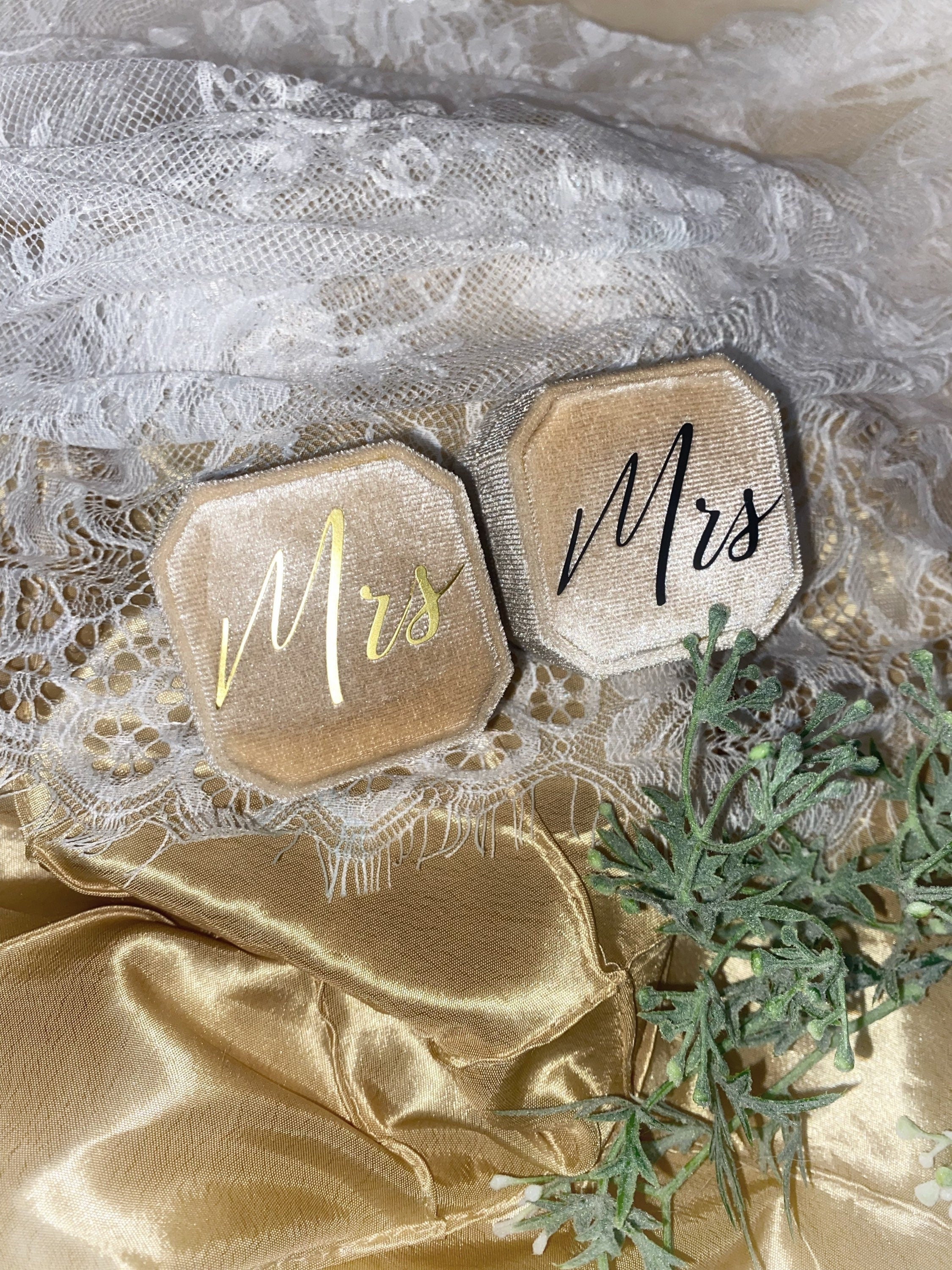 Corduroy Mrs. Ring Box: Bride Gift, Gold/Black Lettering