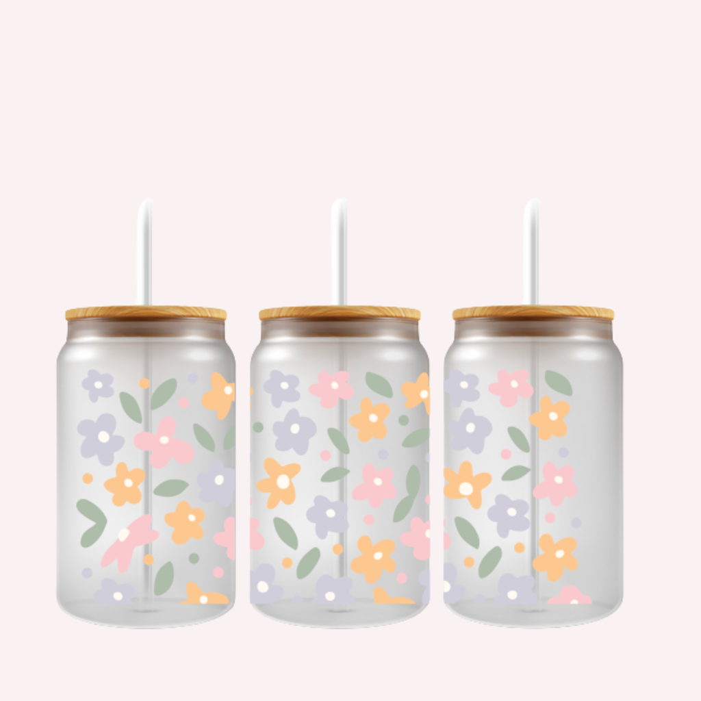 Pastel Floral Cup Wrap | Cute Soft Flower Glass Can Wrap | Minimal Aesthetic Libbey Cup Wrap | 16oz UV DTF Transfer Decal