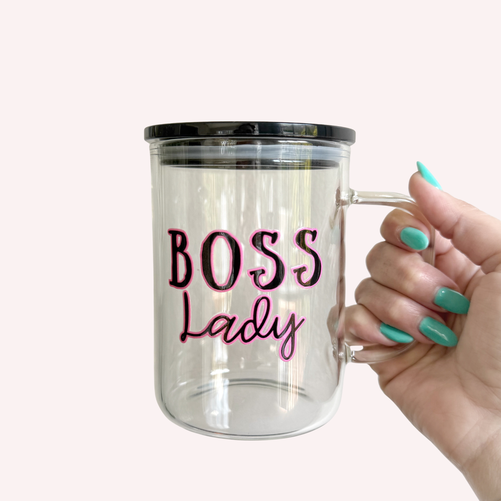 La Jefa & Boss Lady Clear Mugs – 11.5×9.5×14 cm | Black Lid | Exclusive Designs