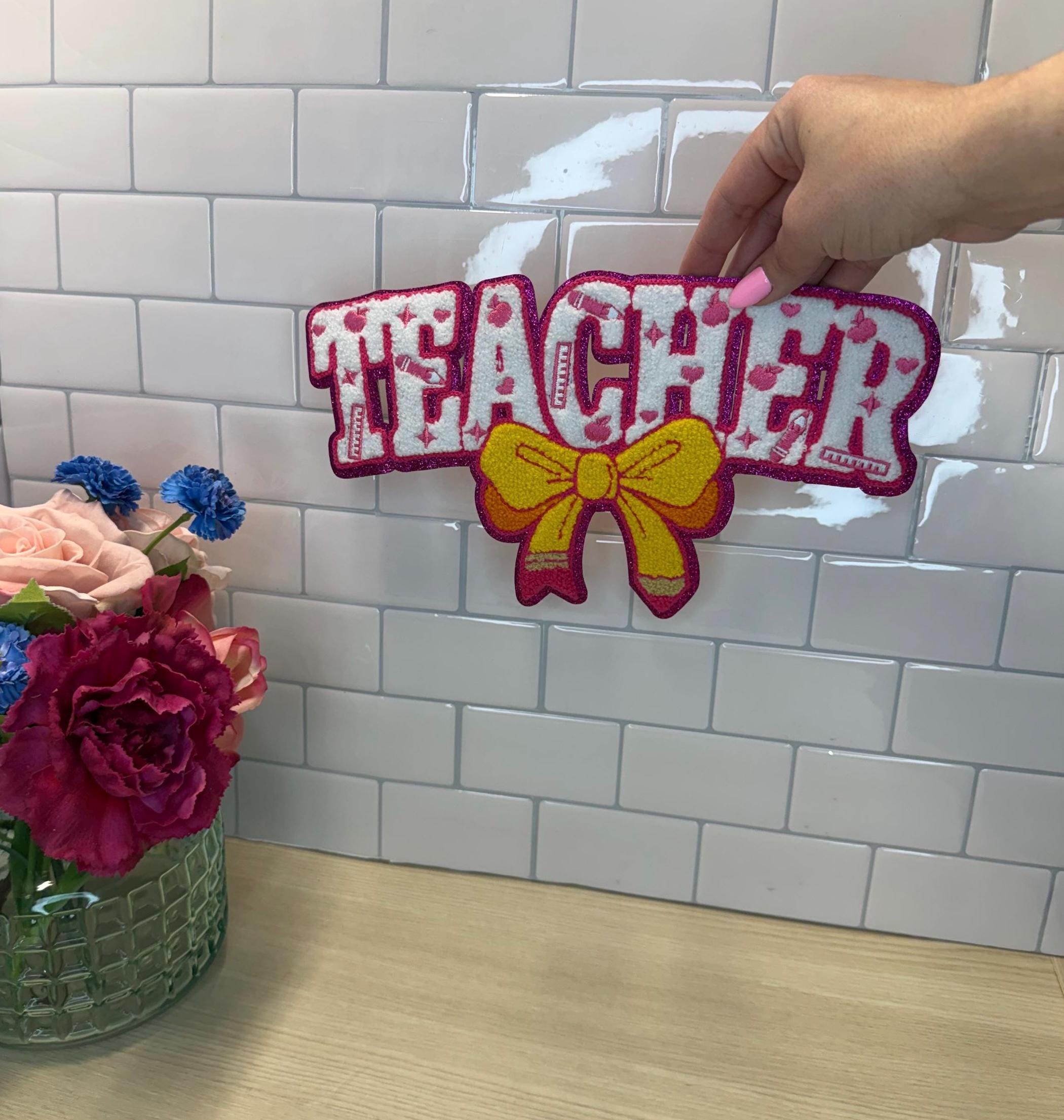 Teacher Chenille Iron-On Patch | Pencil Bow Teacher Patch | Back to School Patch | Teacher Jacket Patch | Teacher Gift | Teacher Sweatshirt