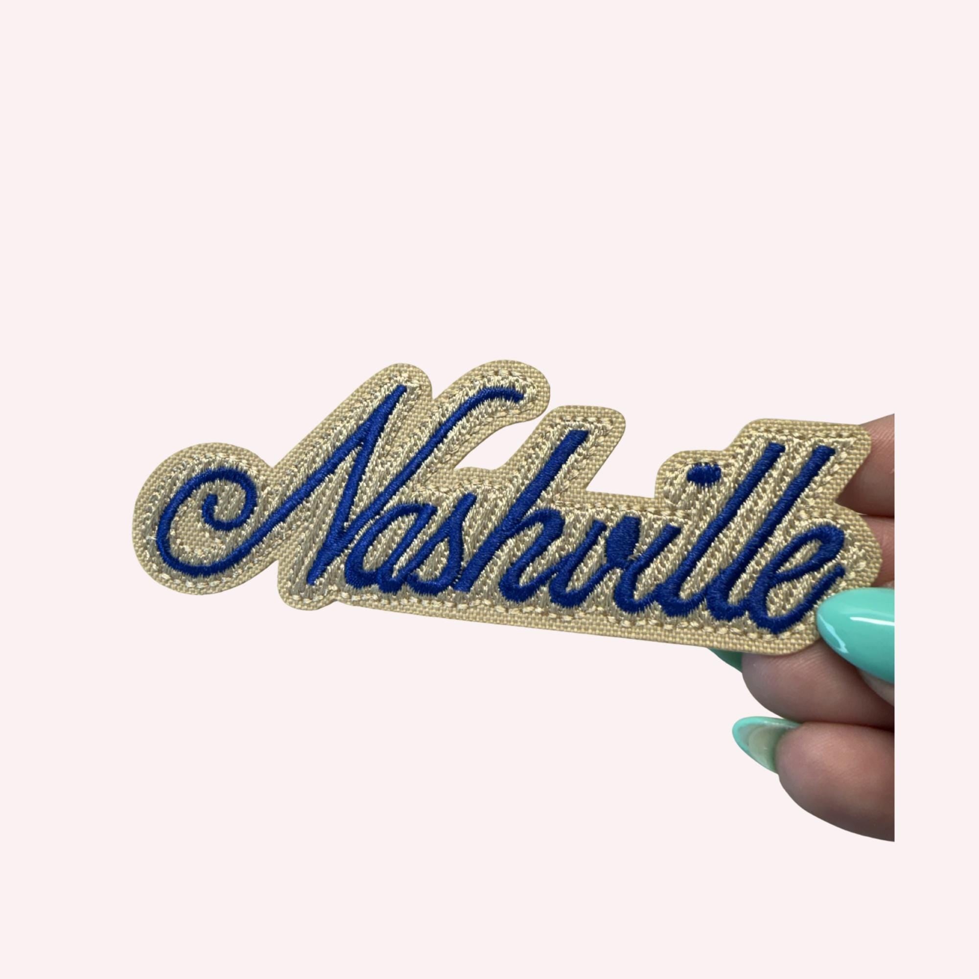Nashville Patch – Navy Lettering on Beige Embroidered Iron-On Patch | Classy Western Aesthetic | Country Concert Outfit Accessory