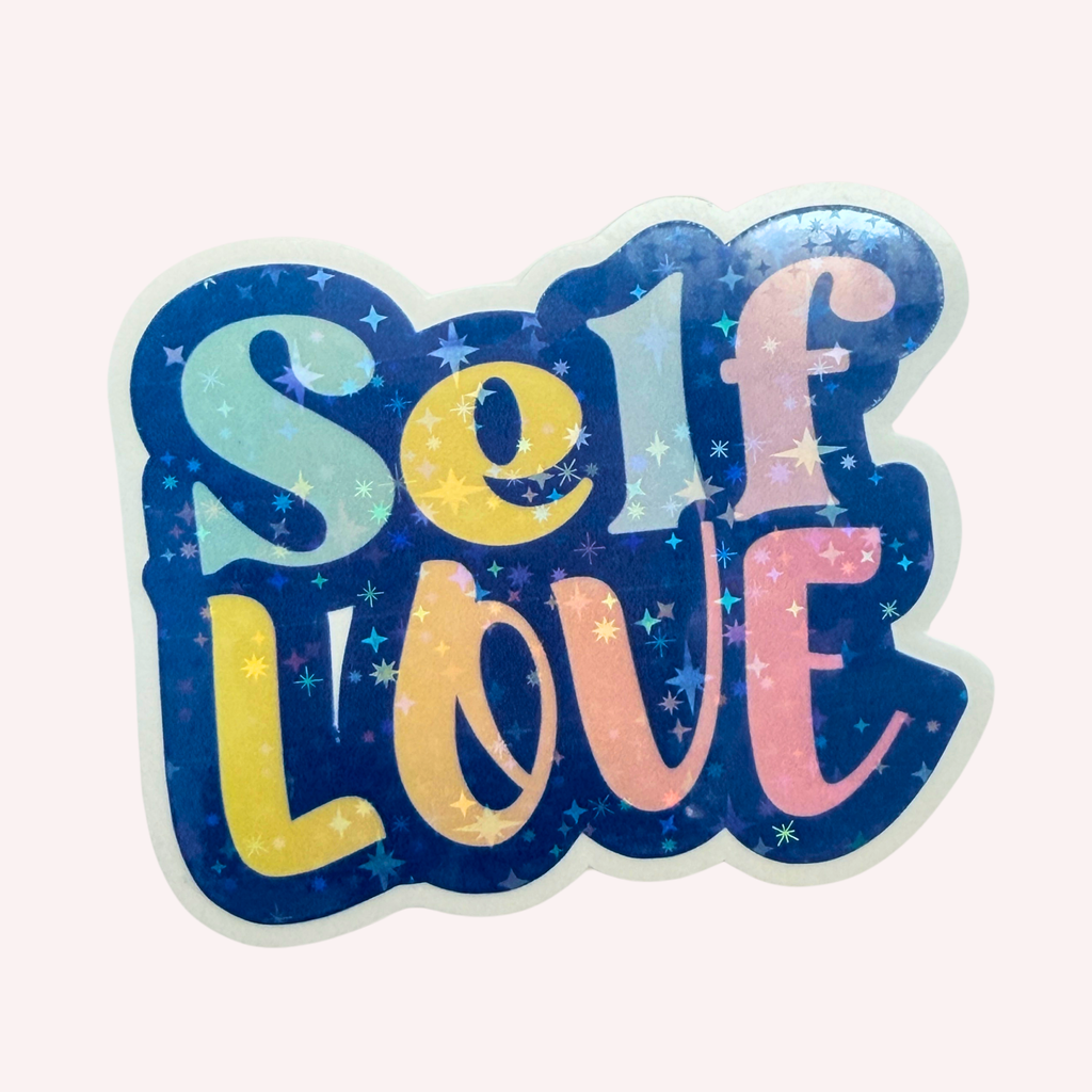 Self-Love Holographic Vinyl Sticker | Pastel Positive Affirmation Sticker | Cute Mental Wellness Decal | Water-Resistant Sticker