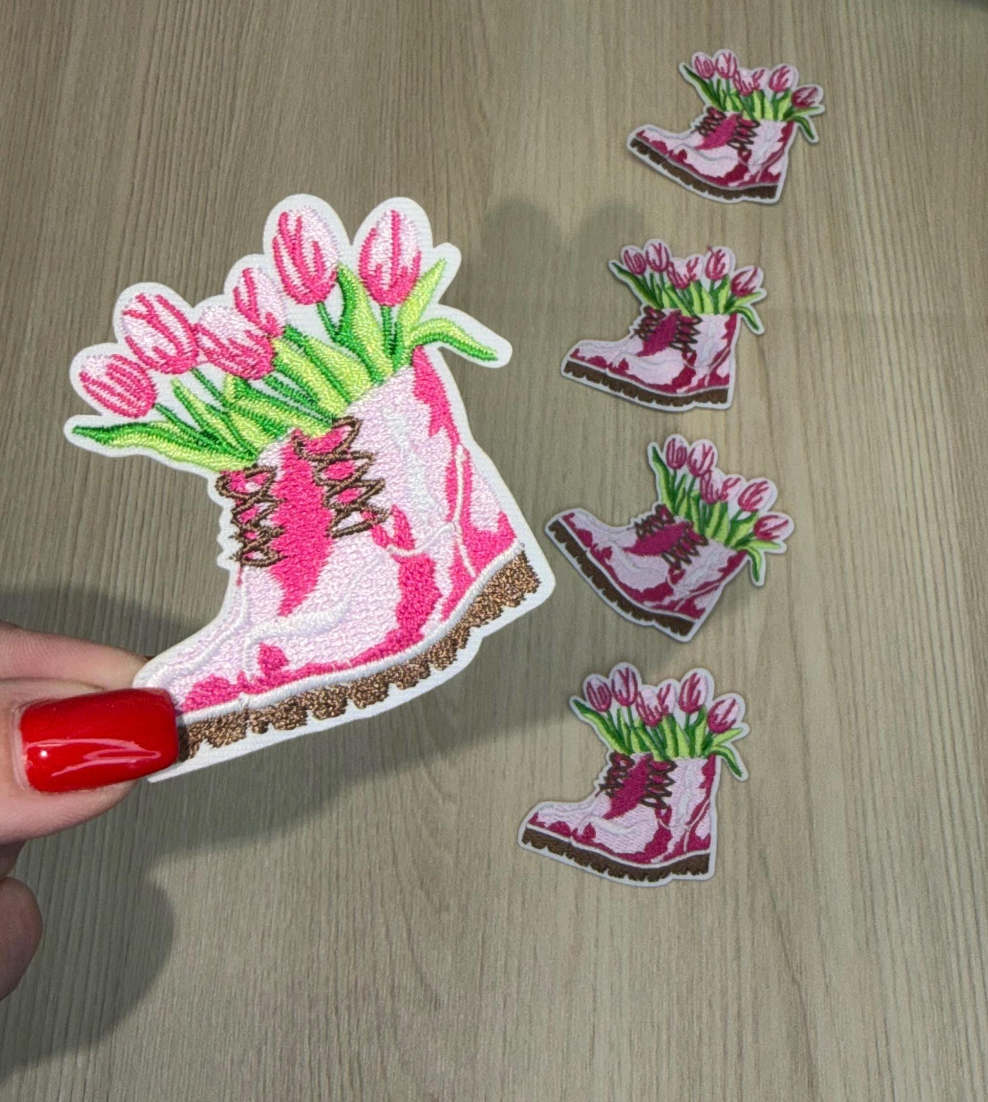 Cute Pink Boots with Tulips Iron-On Patch | Girly Floral Embroidered Patch | Soft Feminine Aesthetic